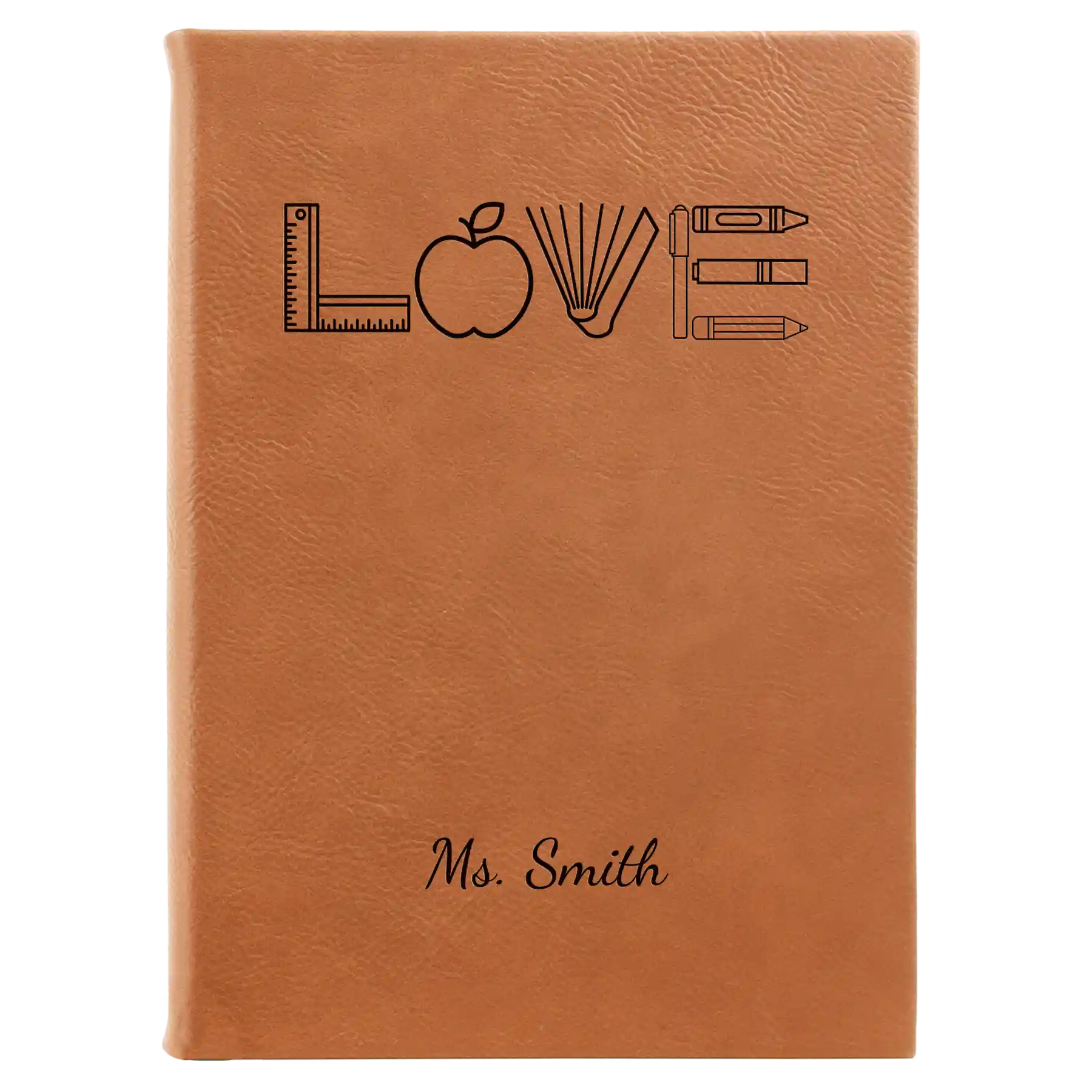 Large rawhide leatherette sketch book laser etched with 'Teacher Love' design