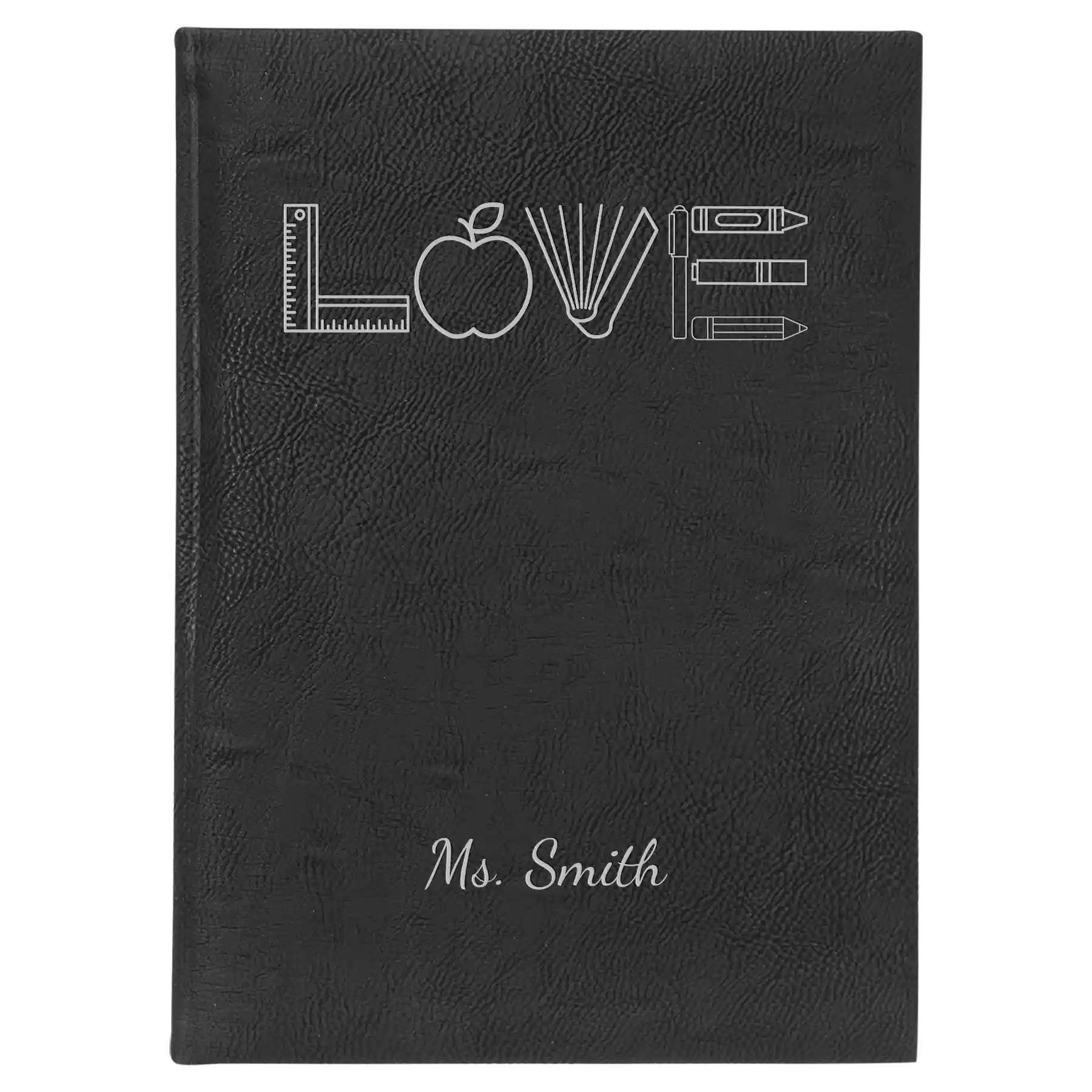 Large black/silver leatherette journal laser etched with 'Teacher Love' design
