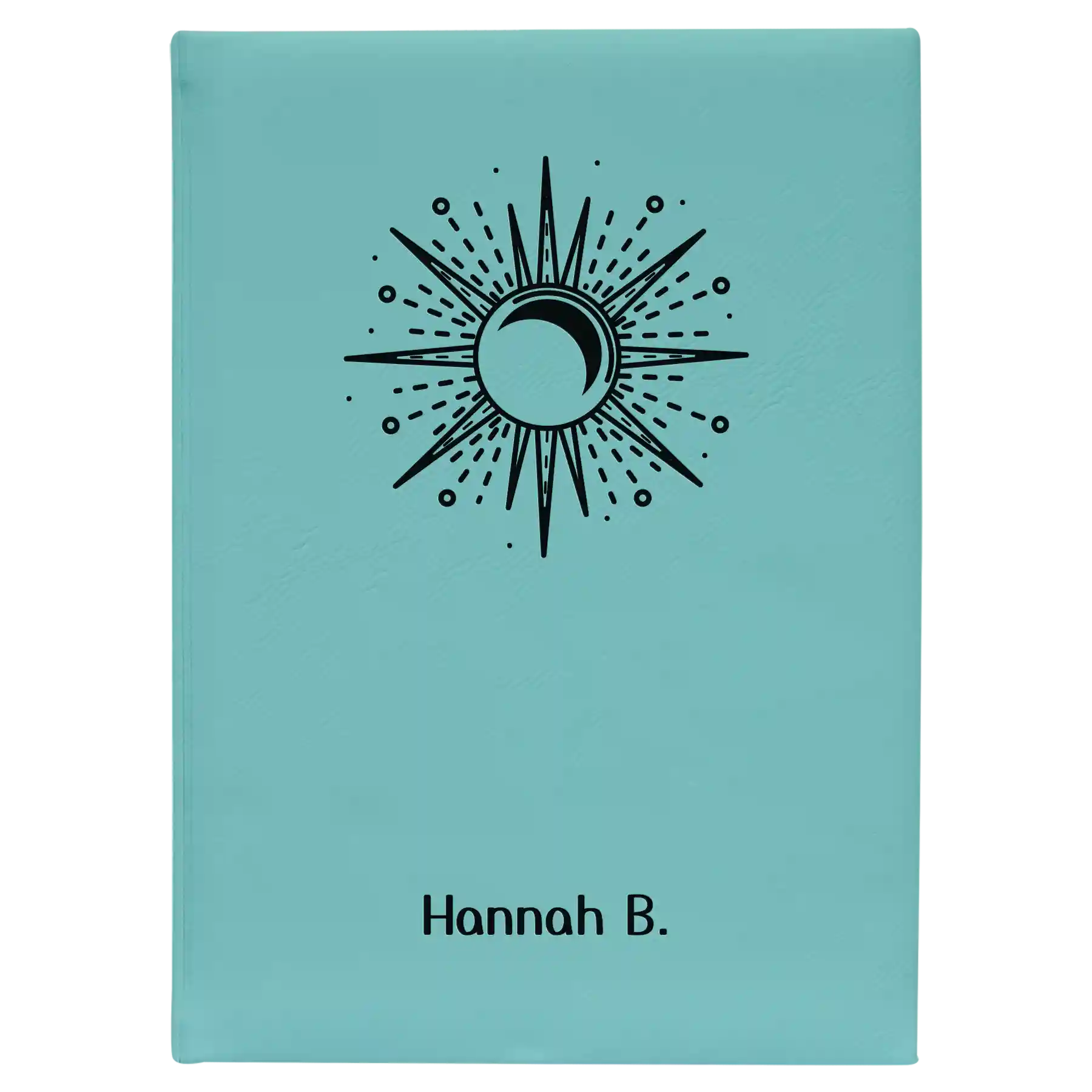 Large teal leatherette sketch book laser etched with 'Sunburst' design