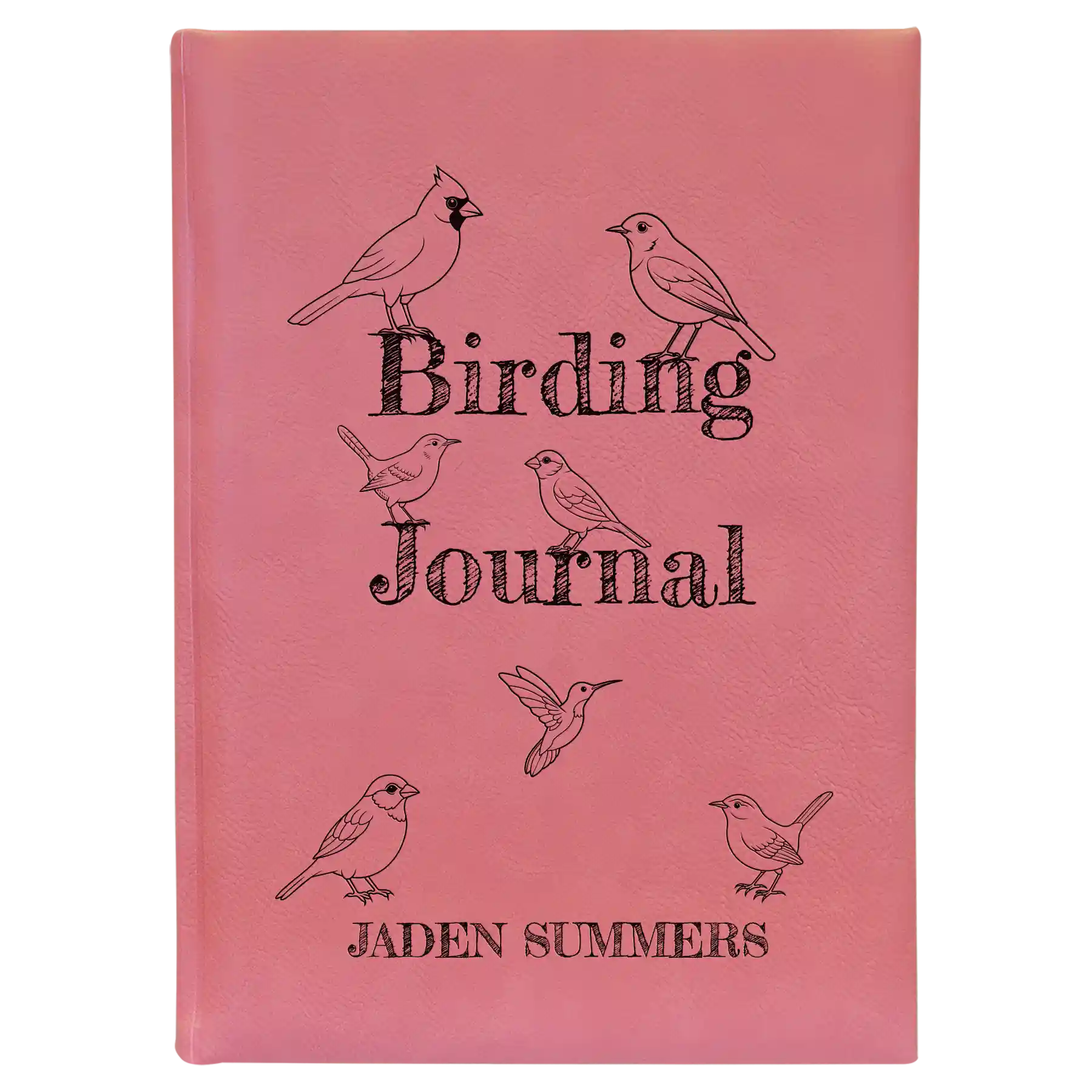 Large pink leatherette journal laser etched with 'Birding Journal' design