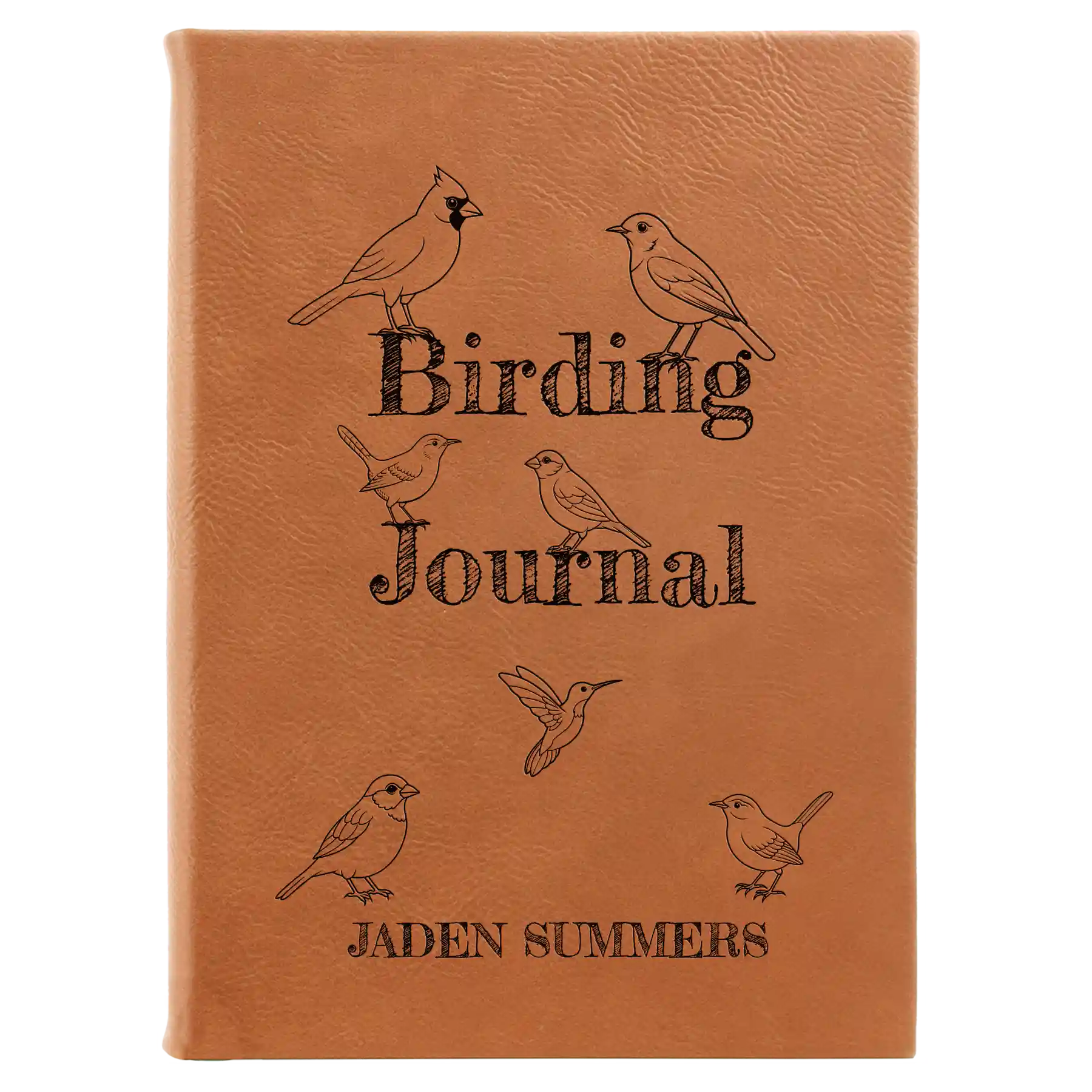 Large rawhide leatherette journal laser etched with 'Birding Journal' design