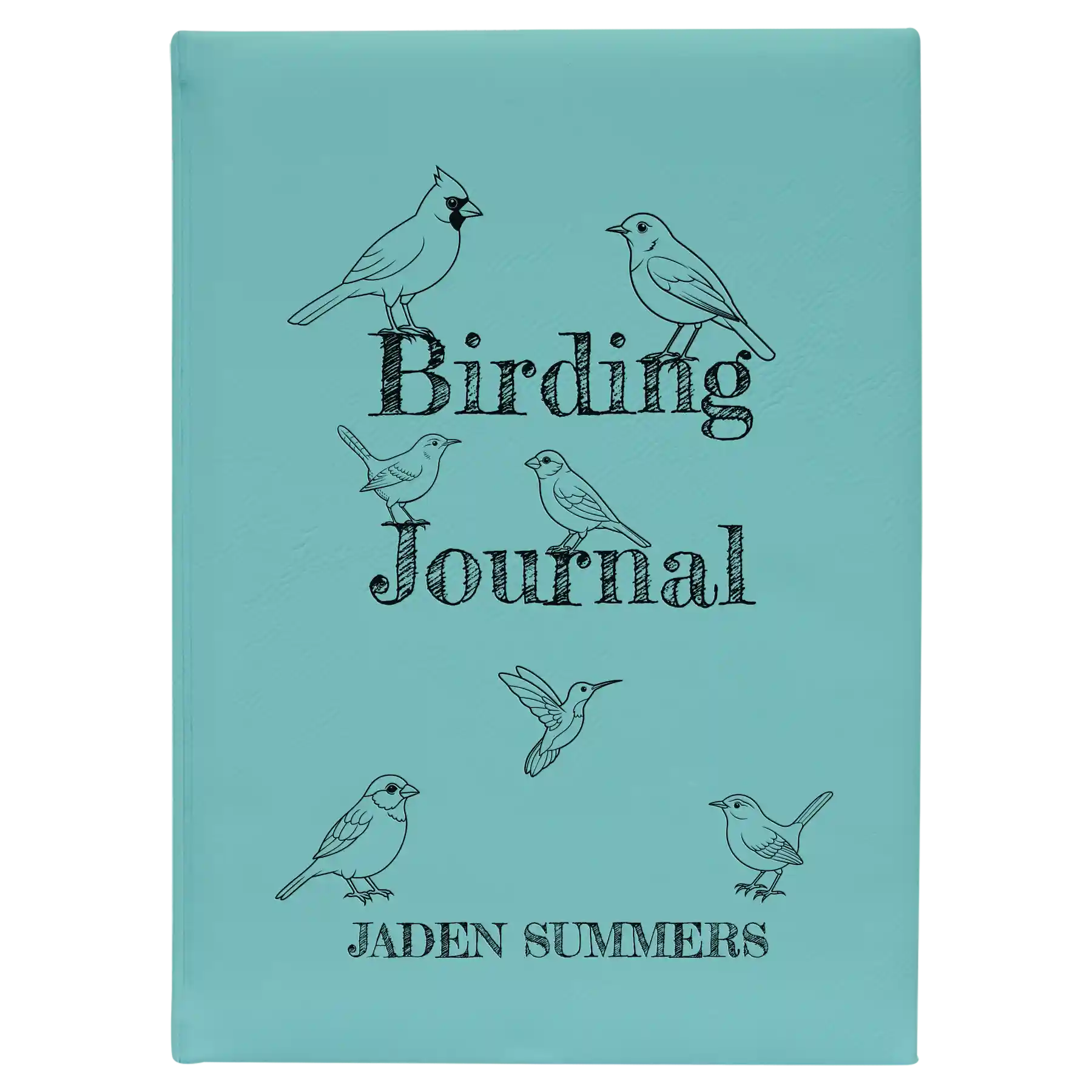 Large teal leatherette journal laser etched with 'Birding Journal' design