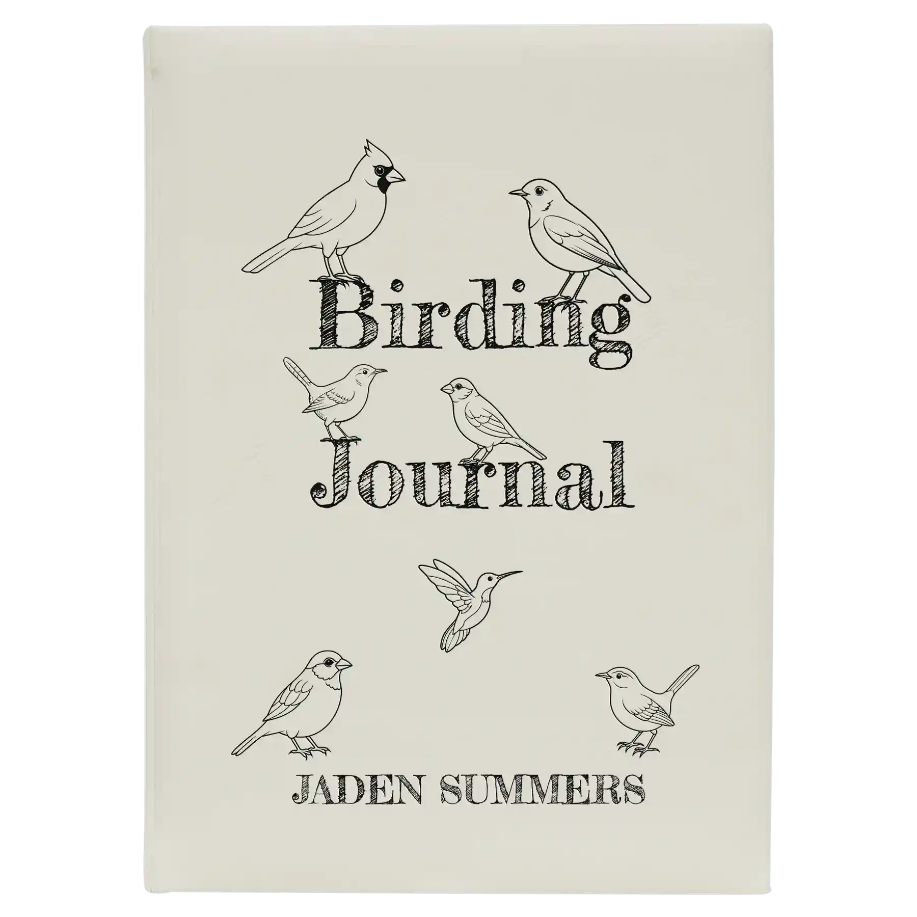 Large white leatherette sketch book laser etched with 'Birding Journal' design