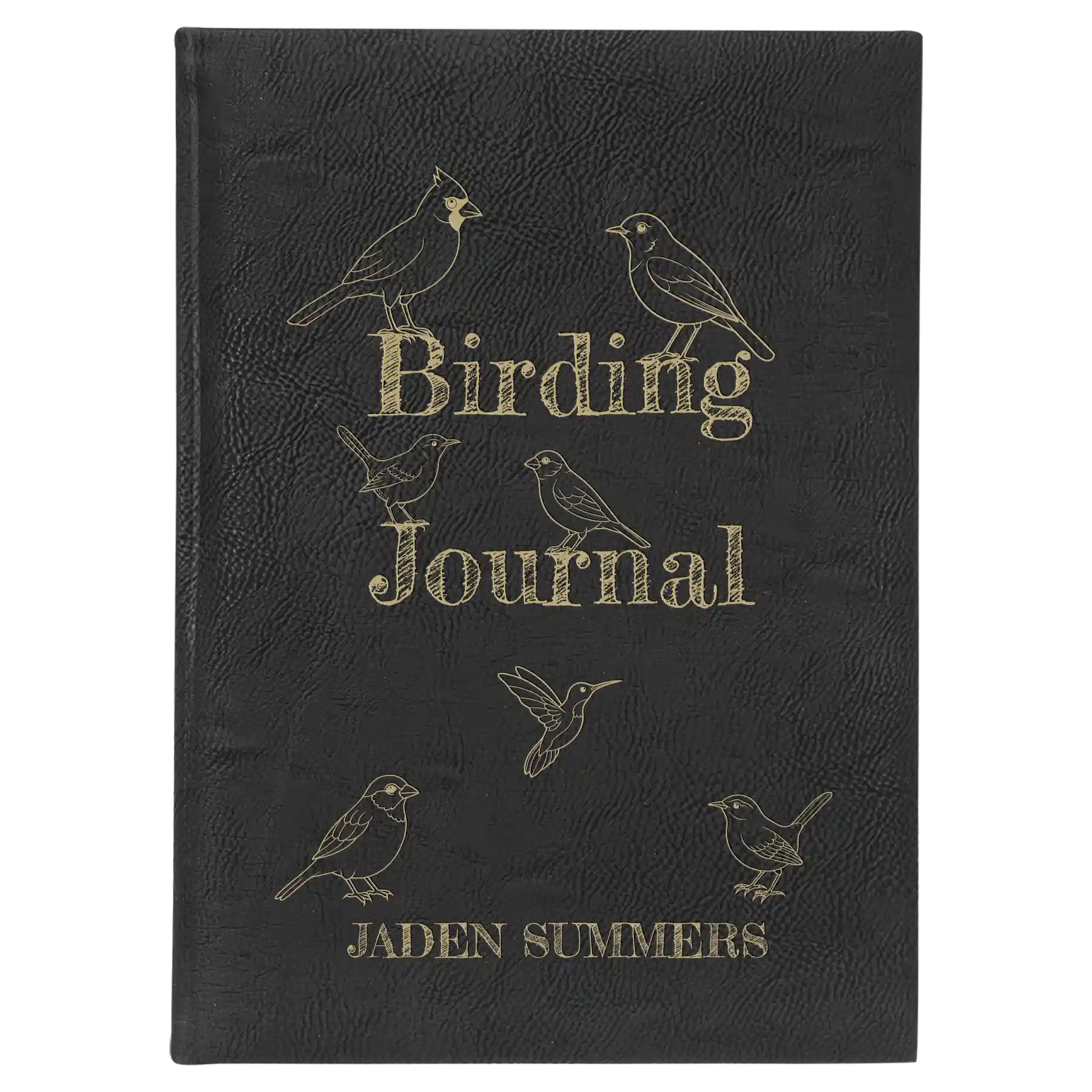 Large black/gold leatherette journal laser etched with 'Birding Journal' design