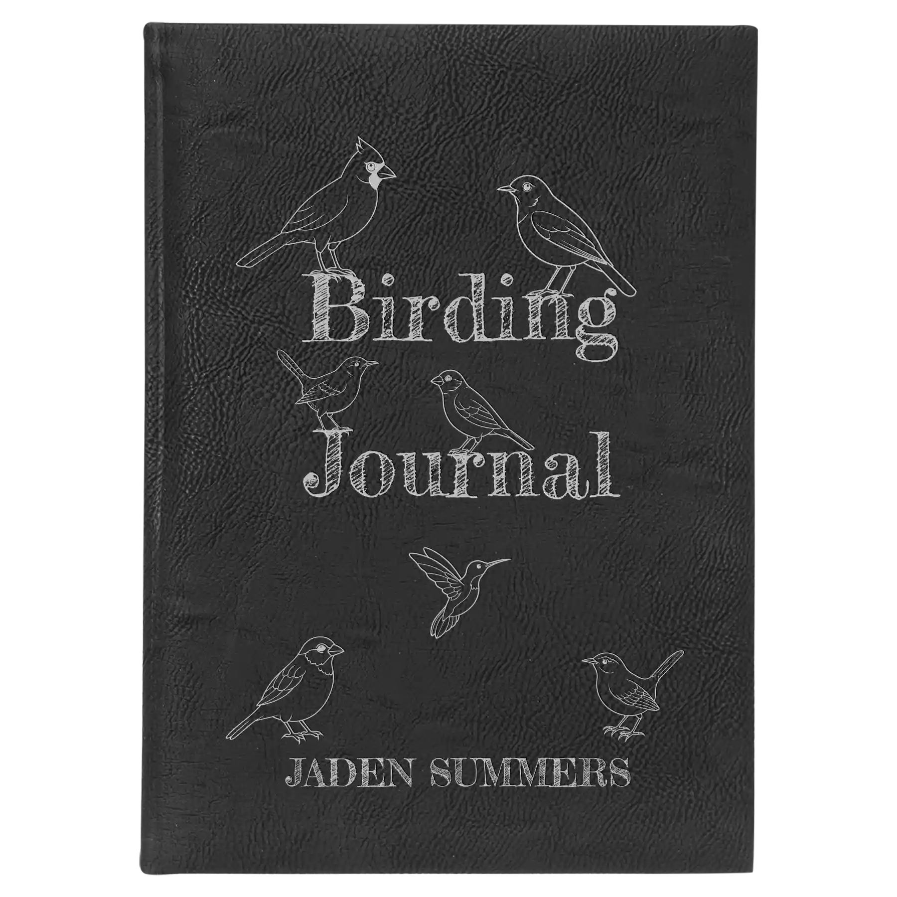 Large black/silver leatherette sketch book laser etched with 'Birding Journal' design