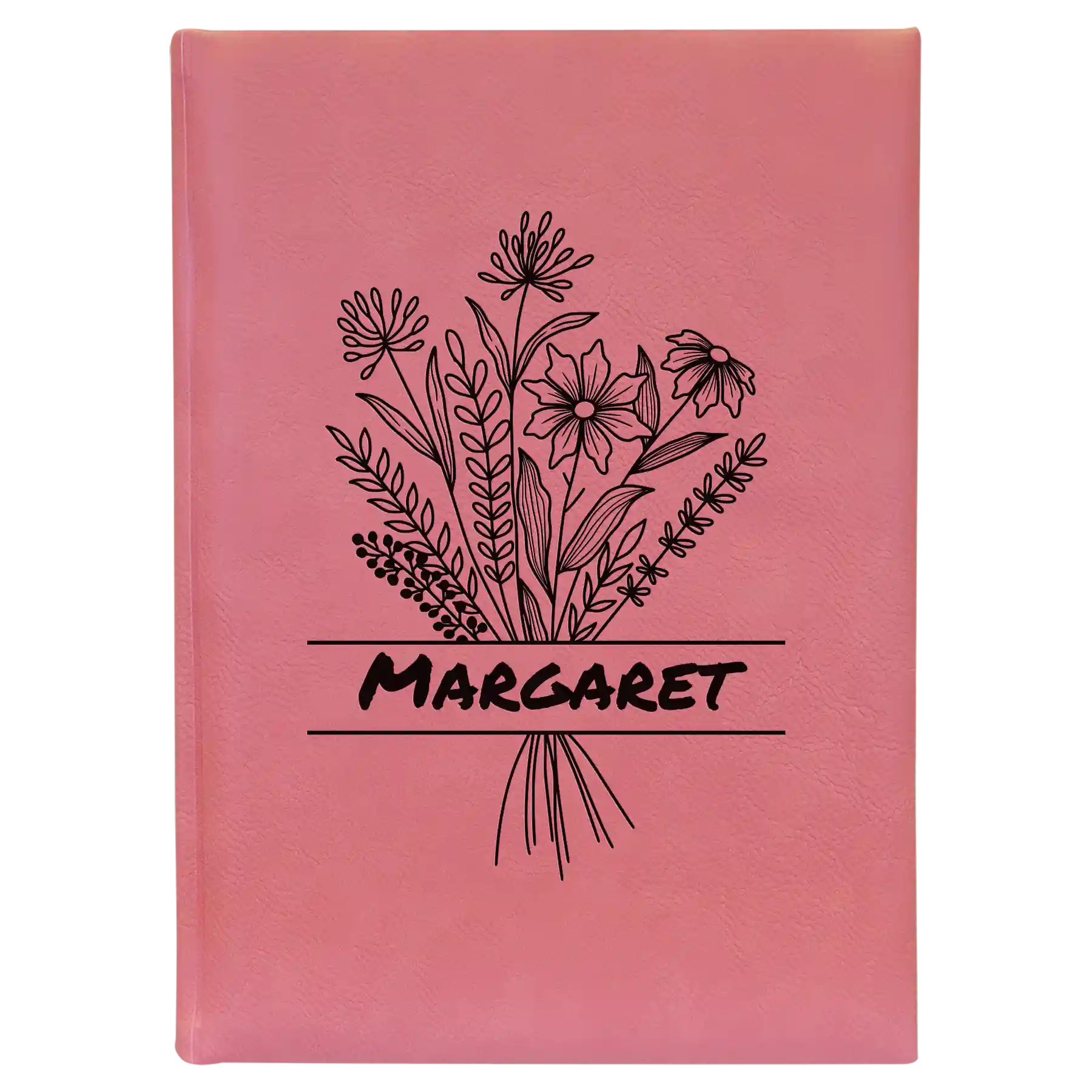Large pink leatherette journal laser etched with 'Flower with Name' design