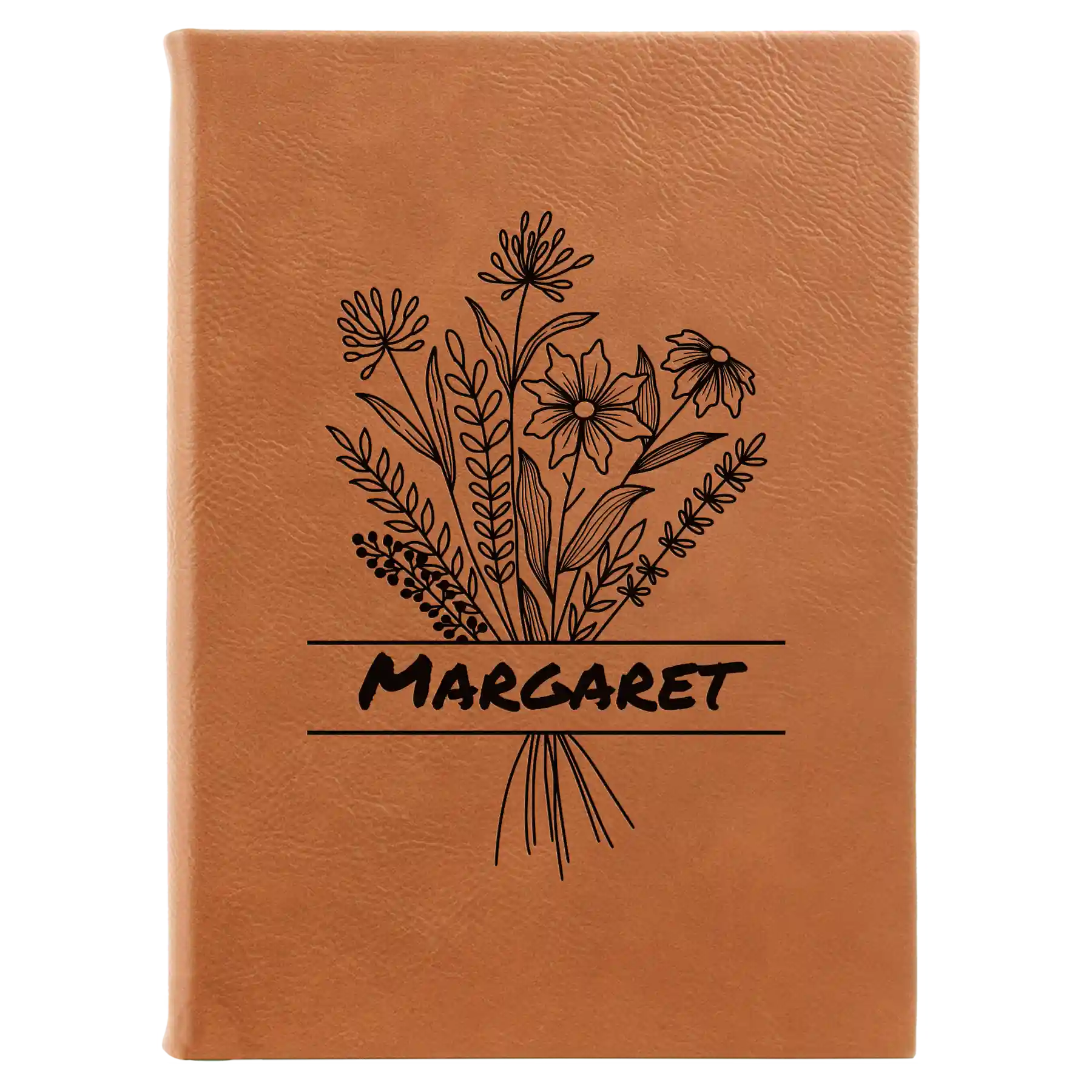 Large rawhide leatherette journal laser etched with 'Flower with Name' design