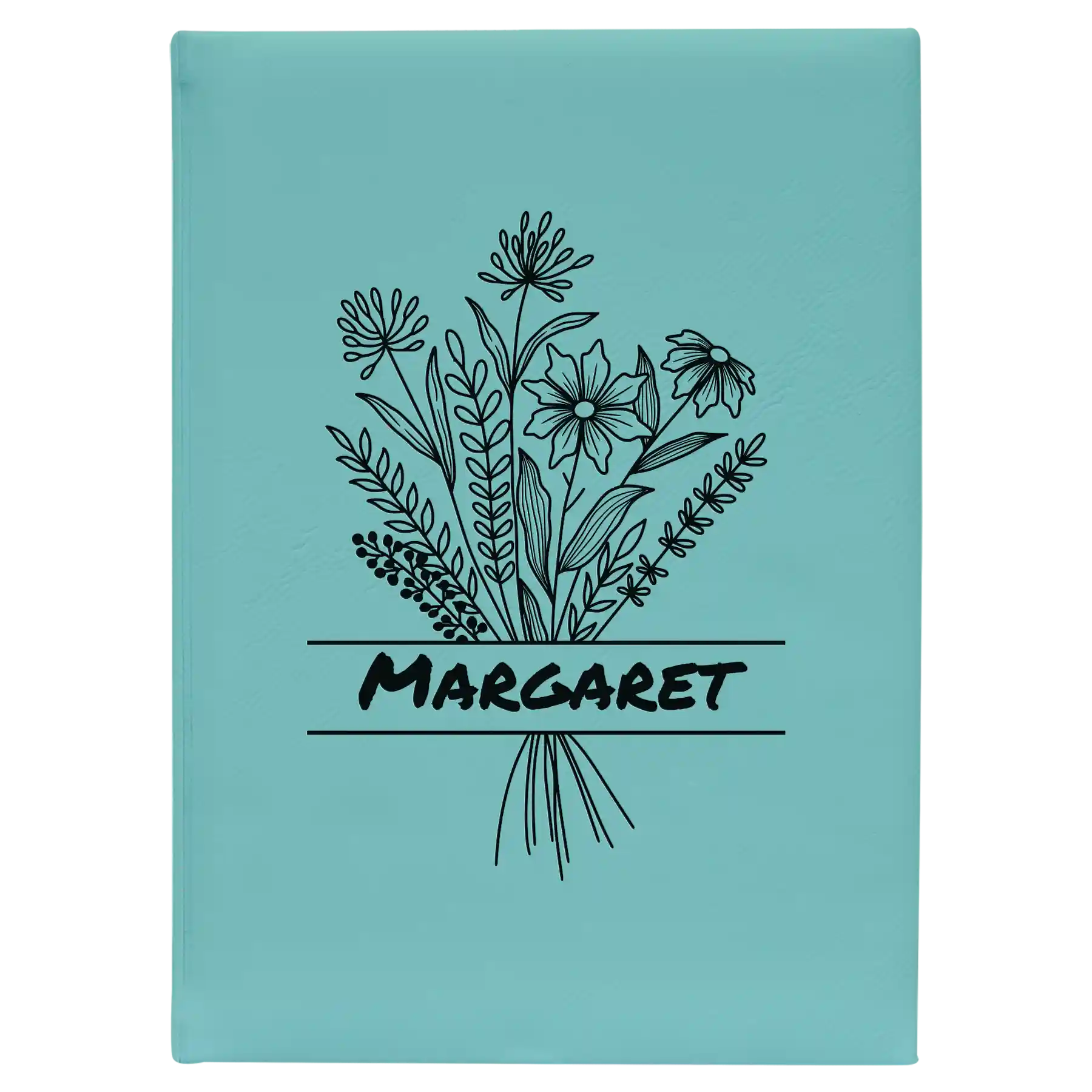 Large teal leatherette journal laser etched with 'Flower with Name' design