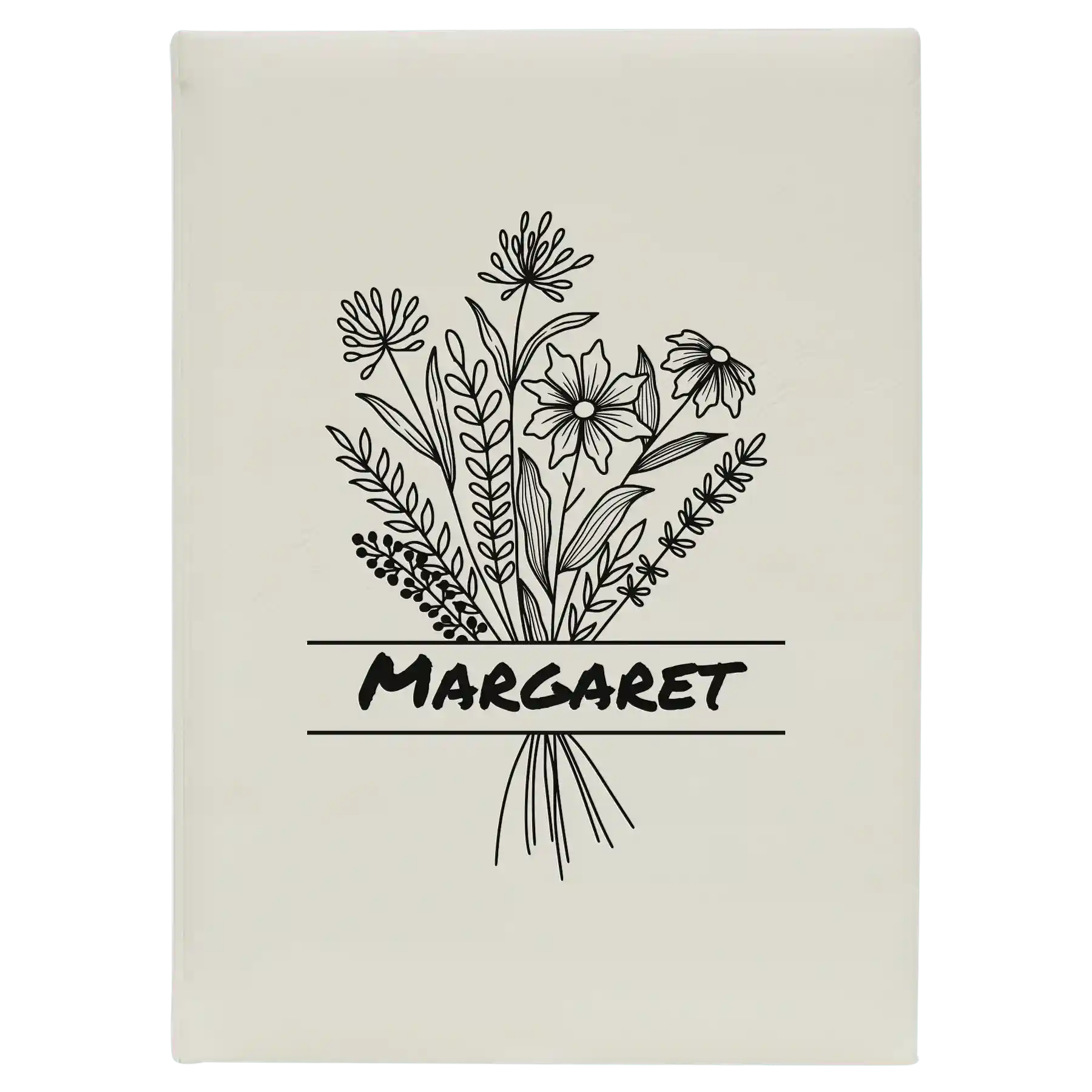 Large white leatherette journal laser etched with 'Flower with Name' design