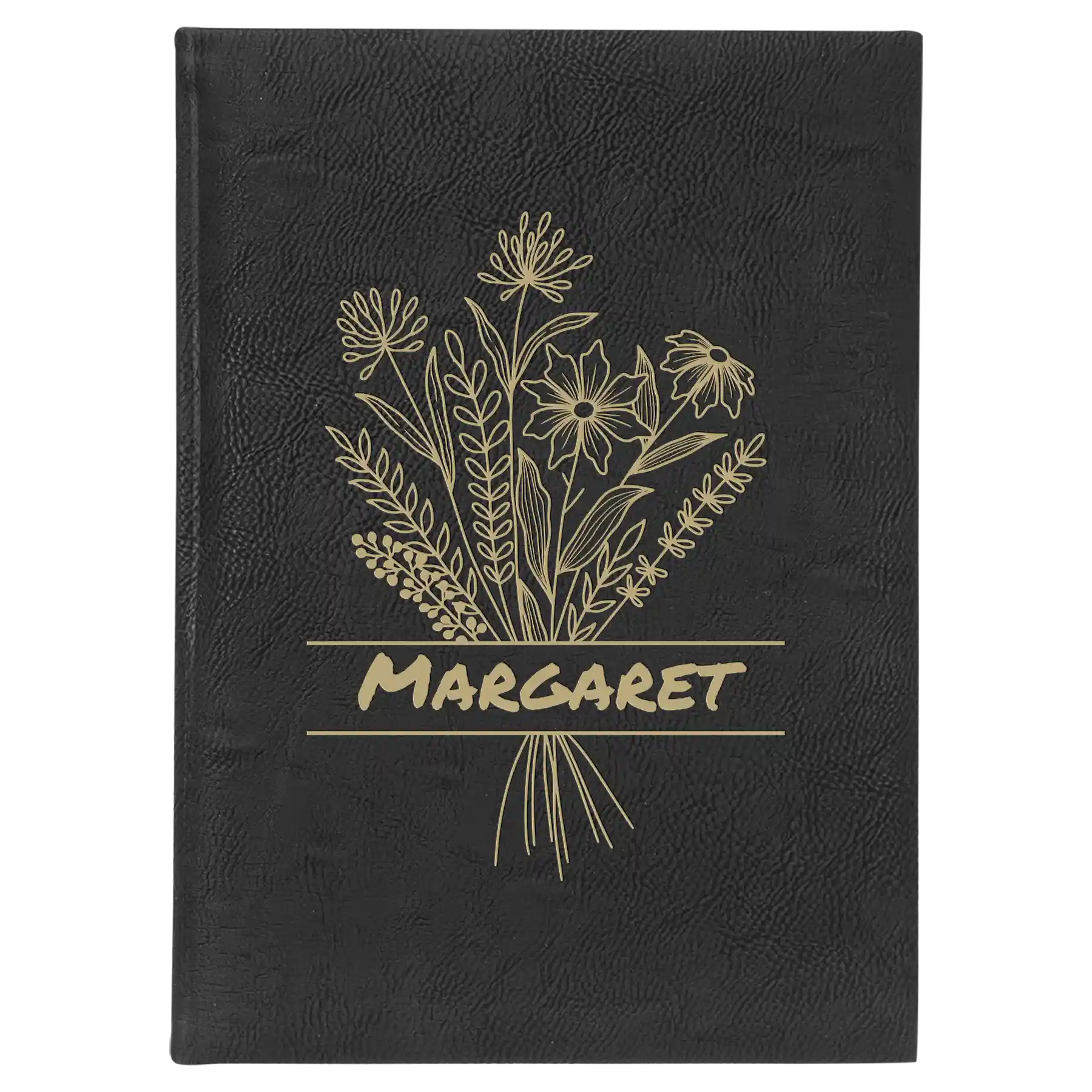 Large black/gold leatherette journal laser etched with 'Flower with Name' design
