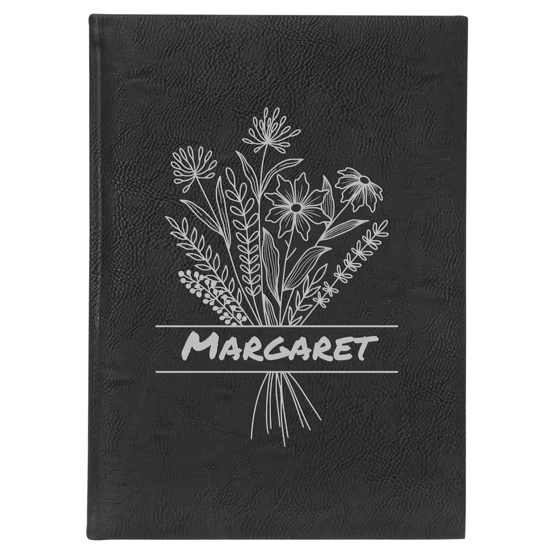 Large black/silver leatherette sketch book laser etched with 'Flower with Name' design
