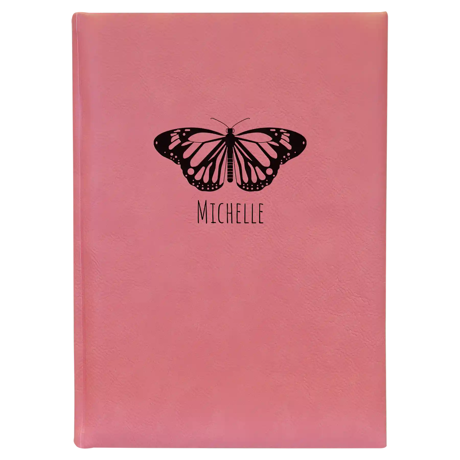 Large pink leatherette sketch book laser etched with 'Butterfly Name' design