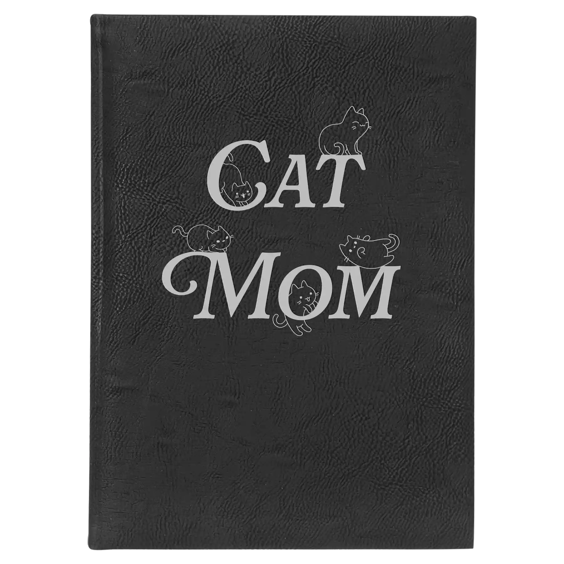 Large black/silver leatherette sketch book laser etched with 'Cat Mom' design