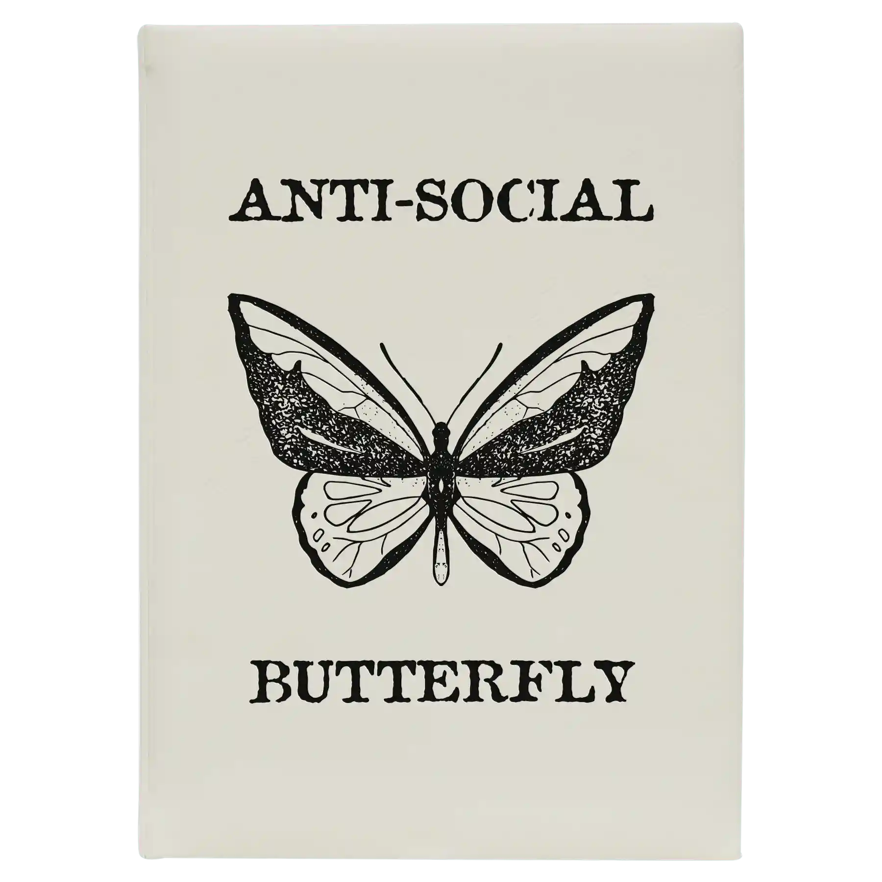 Large white leatherette sketch book laser etched with 'Anti-Social Butterfly' design