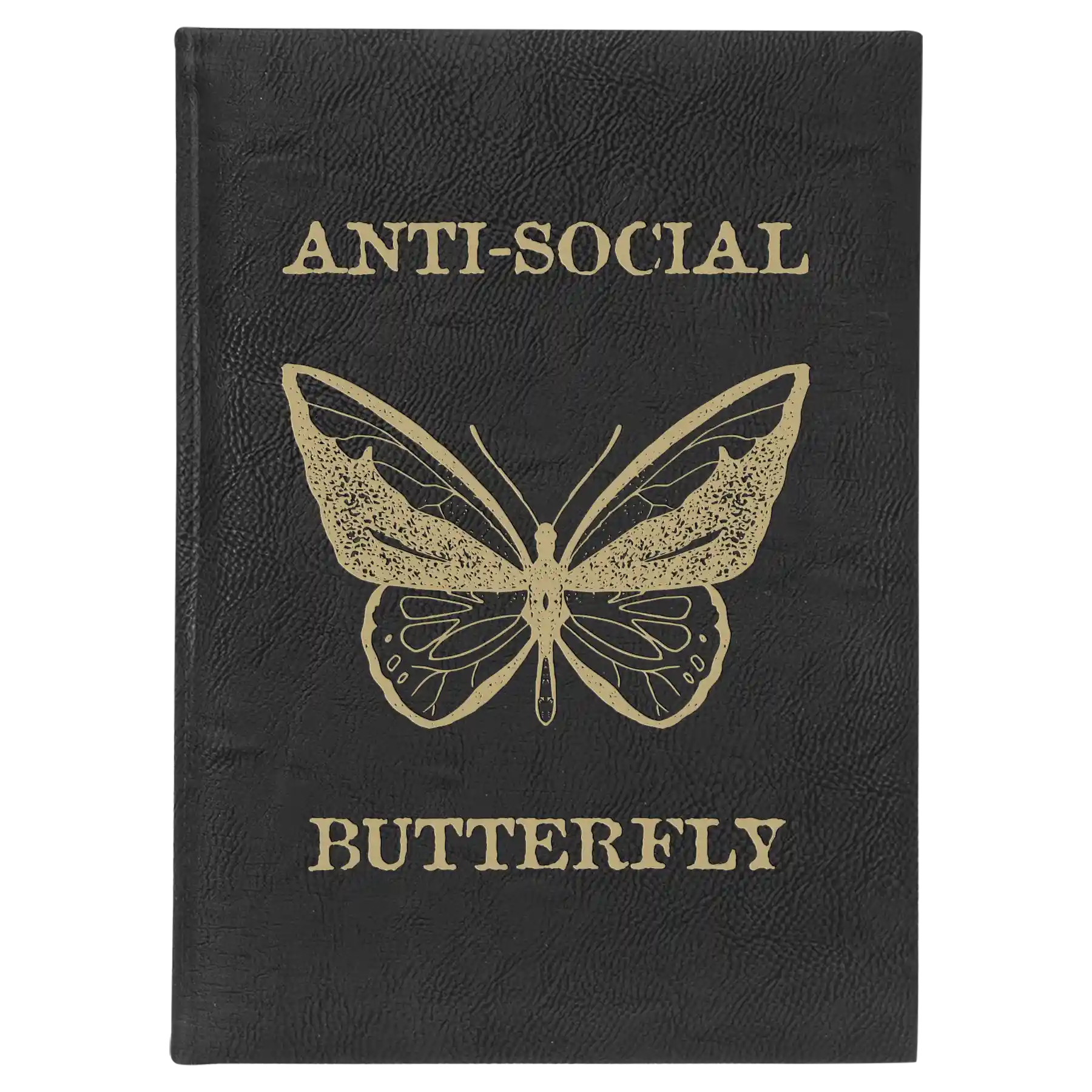 Large black/gold leatherette sketch book laser etched with 'Anti-Social Butterfly' design