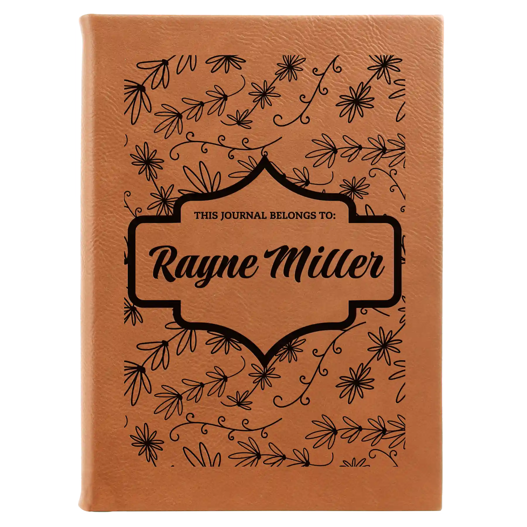 Large rawhide leatherette journal laser etched with 'This Journal Belongs to' design