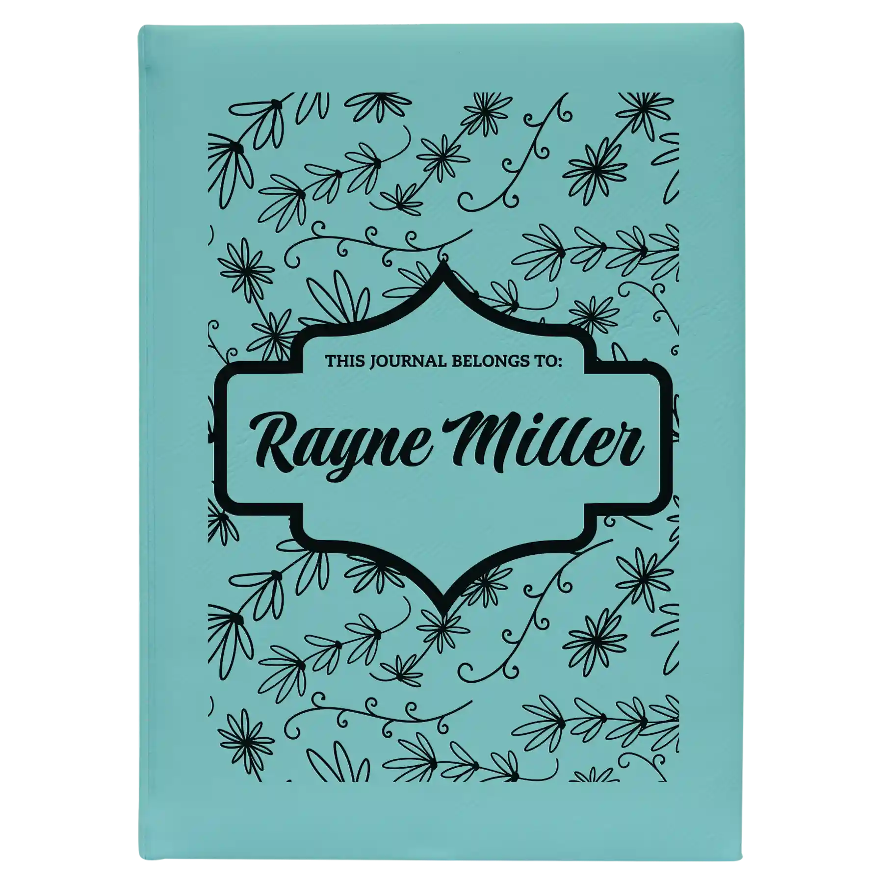 Large teal leatherette journal laser etched with 'This Journal Belongs to' design