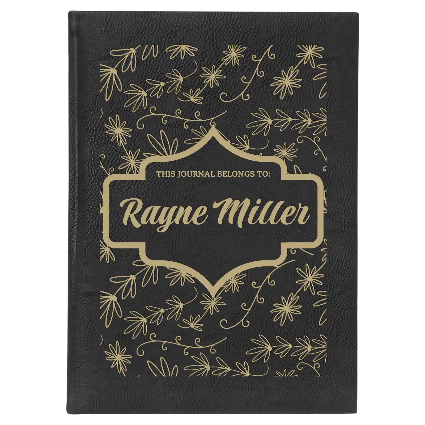 Large black/gold leatherette journal laser etched with 'This Journal Belongs to' design