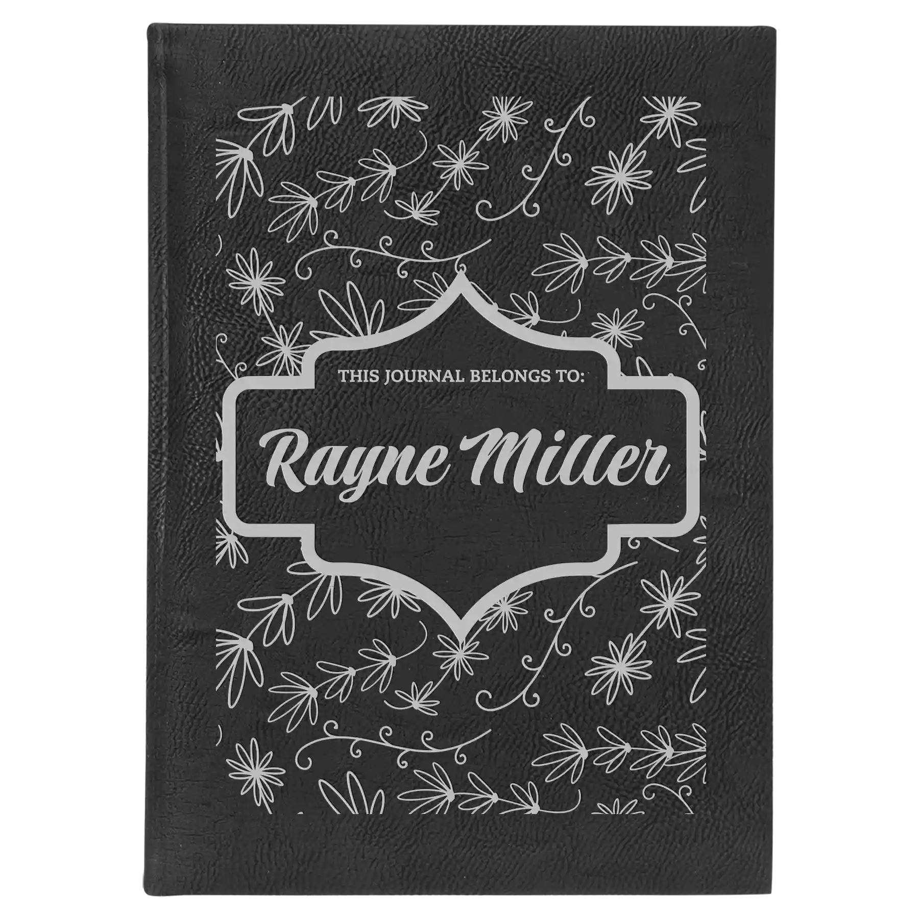 Large black/silver leatherette journal laser etched with 'This Journal Belongs to' design