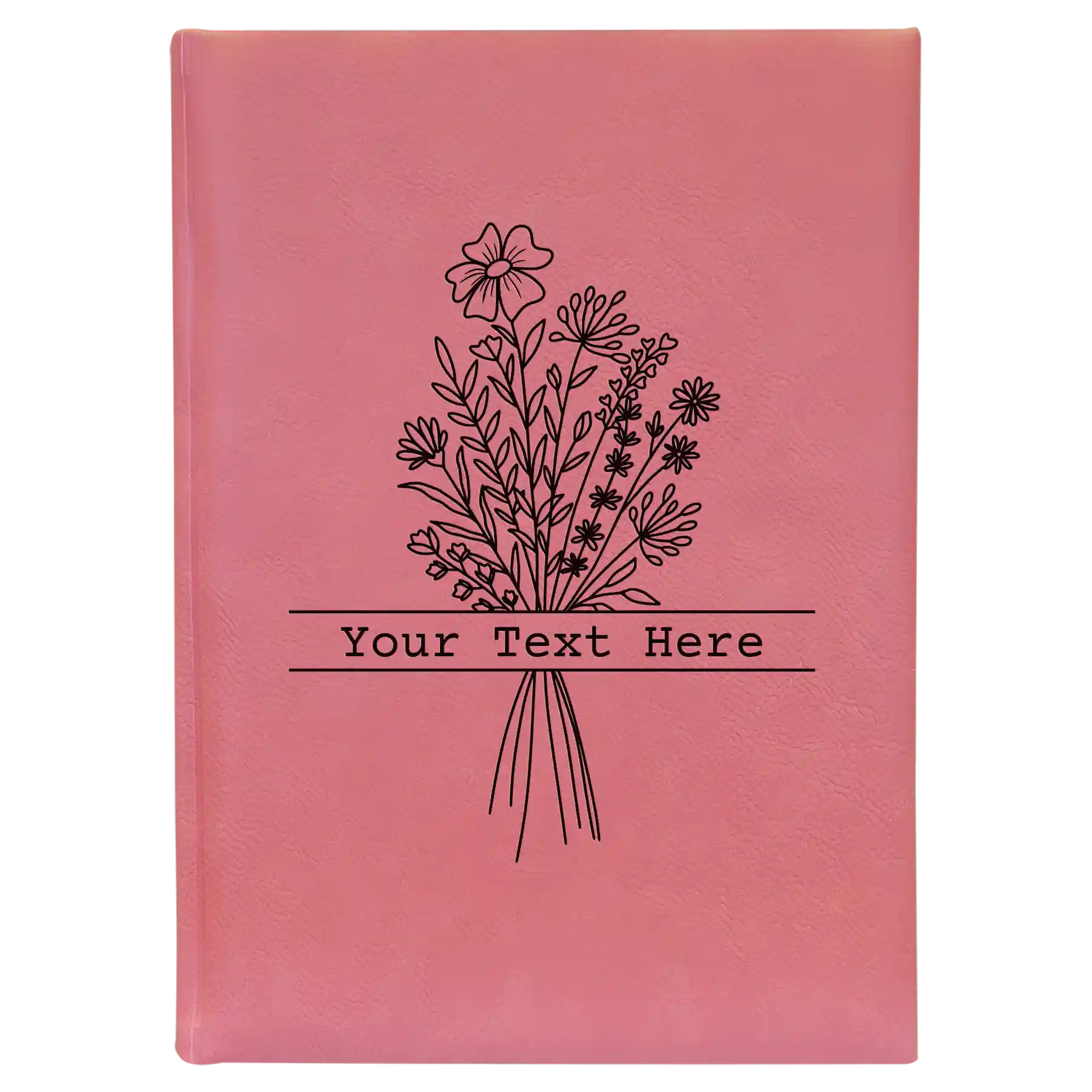 Large pink leatherette sketch book laser etched with 'Bouquet Text' design
