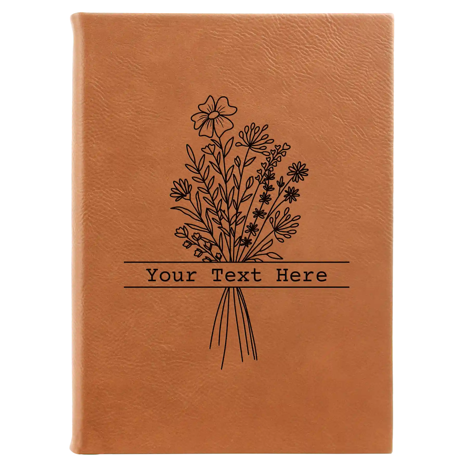 Large rawhide leatherette sketch book laser etched with 'Bouquet Text' design