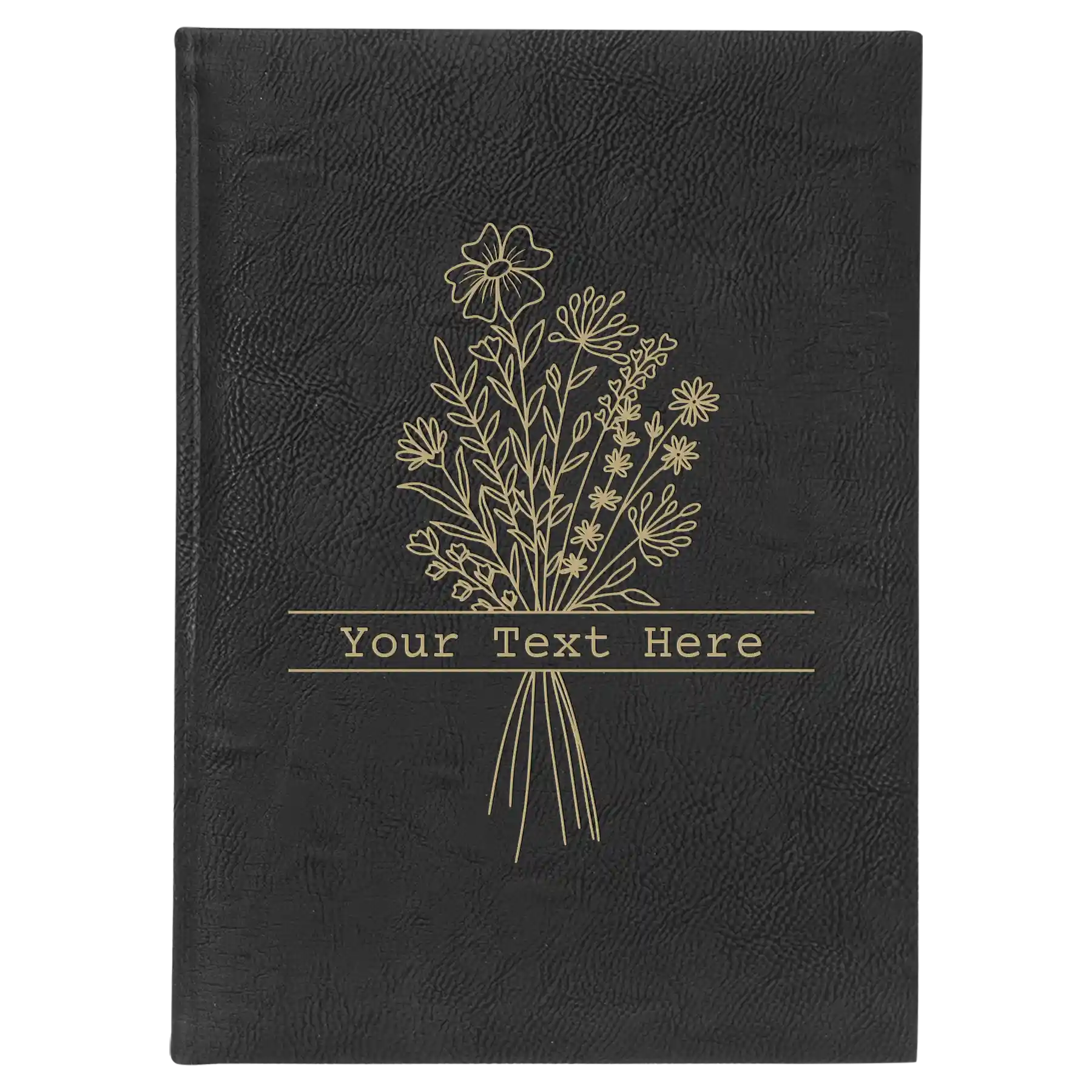 Large black/gold leatherette journal laser etched with 'Bouquet Text' design