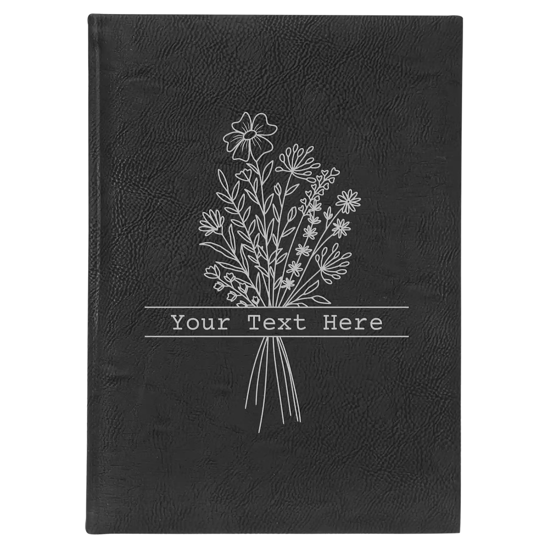 Large black/silver leatherette sketch book laser etched with 'Bouquet Text' design