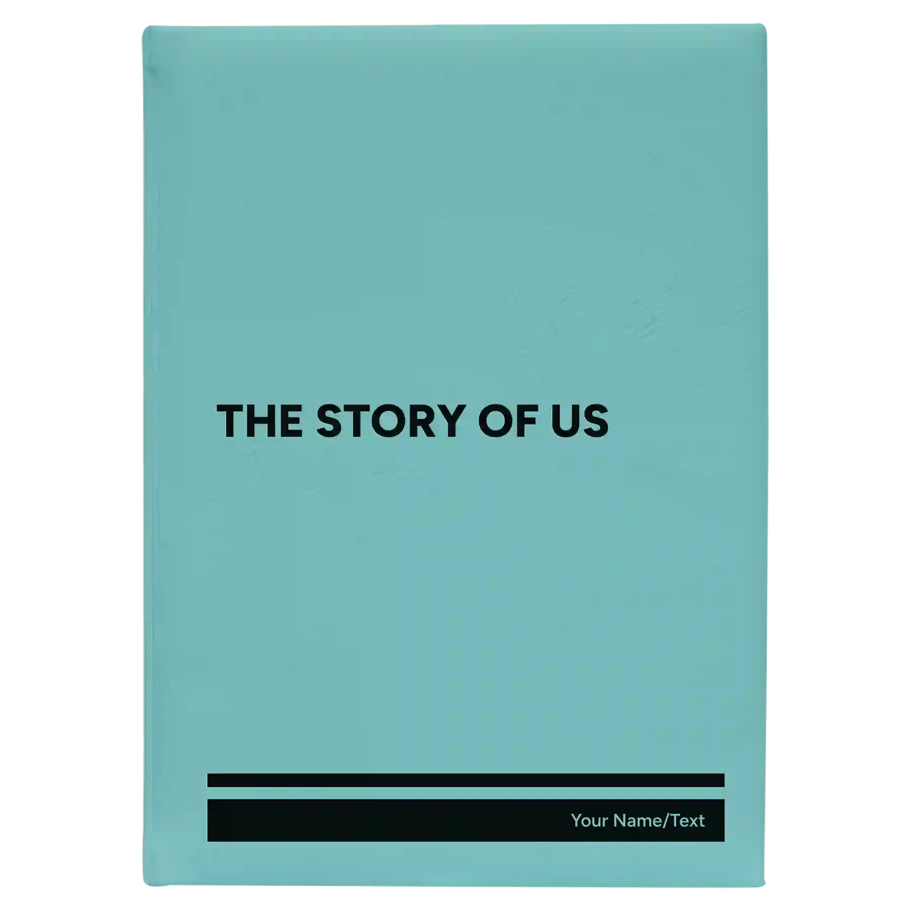 Large teal leatherette journal laser etched with 'The Story of Us' design