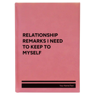 Large pink leatherette sketch book laser etched with 'Relationship Remarks' design