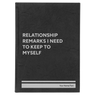 Large black/silver leatherette sketch book laser etched with 'Relationship Remarks' design