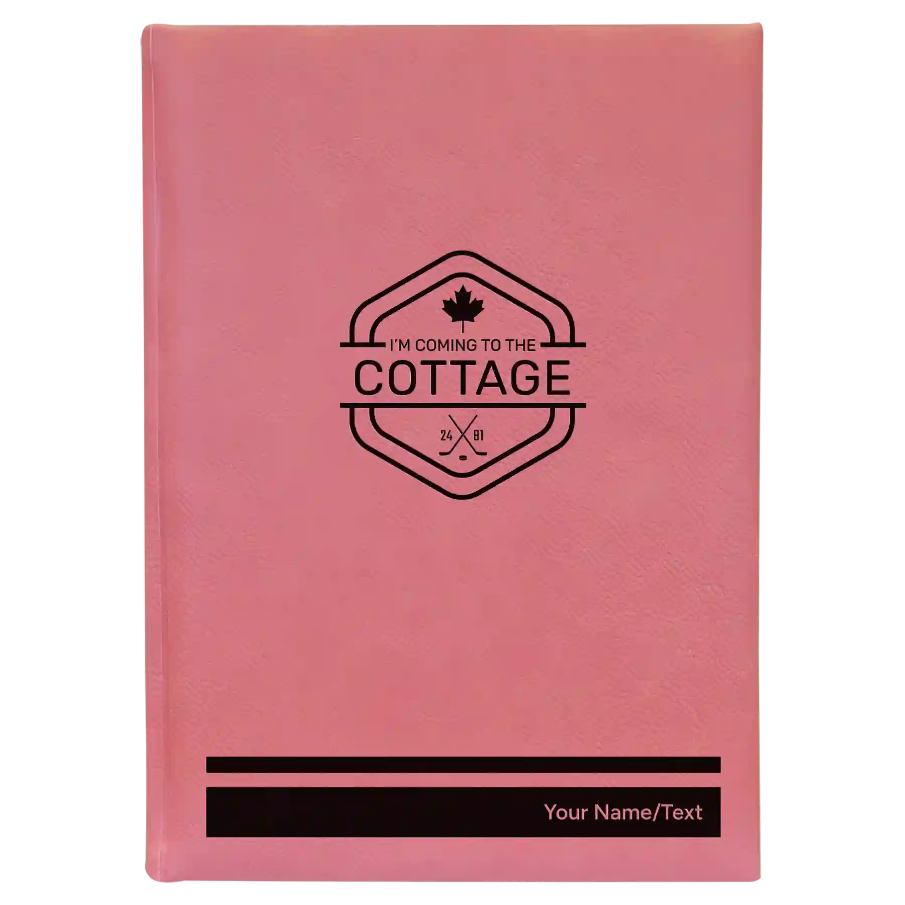Large pink leatherette sketch book laser etched with 'I'm Coming to the Cottage (Maple Leaf)' design