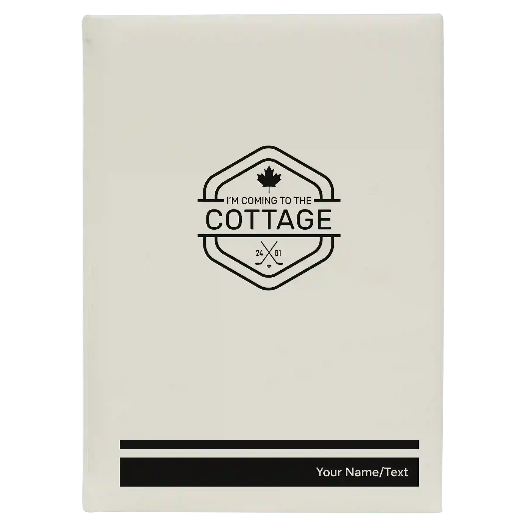 Large white leatherette sketch book laser etched with 'I'm Coming to the Cottage (Maple Leaf)' design