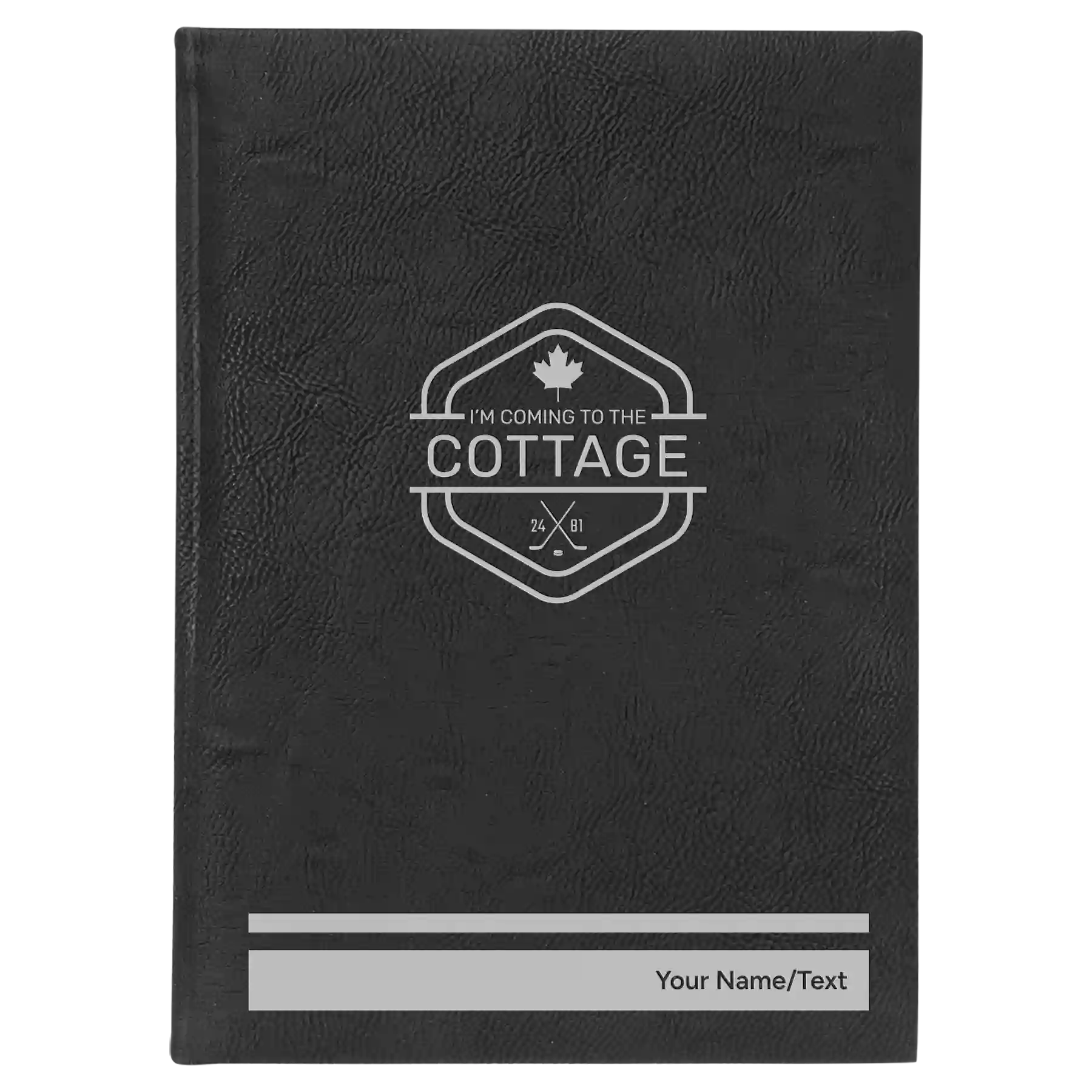 Large black/silver leatherette sketch book laser etched with 'I'm Coming to the Cottage (Maple Leaf)' design