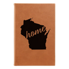 Small rawhide leatherette sketch book laser etched with 'Wisconsin Home' design