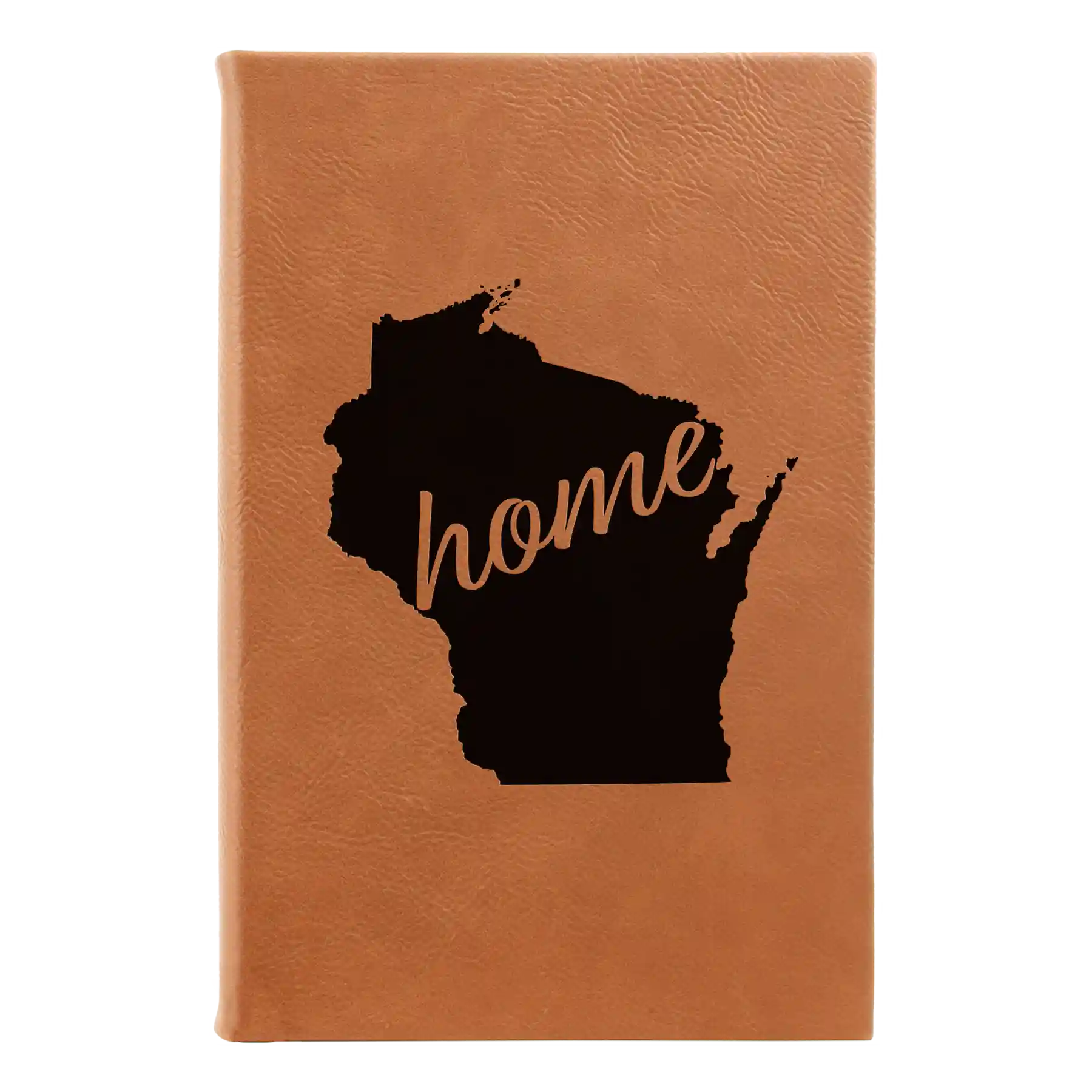 Small rawhide leatherette sketch book laser etched with 'Wisconsin Home' design