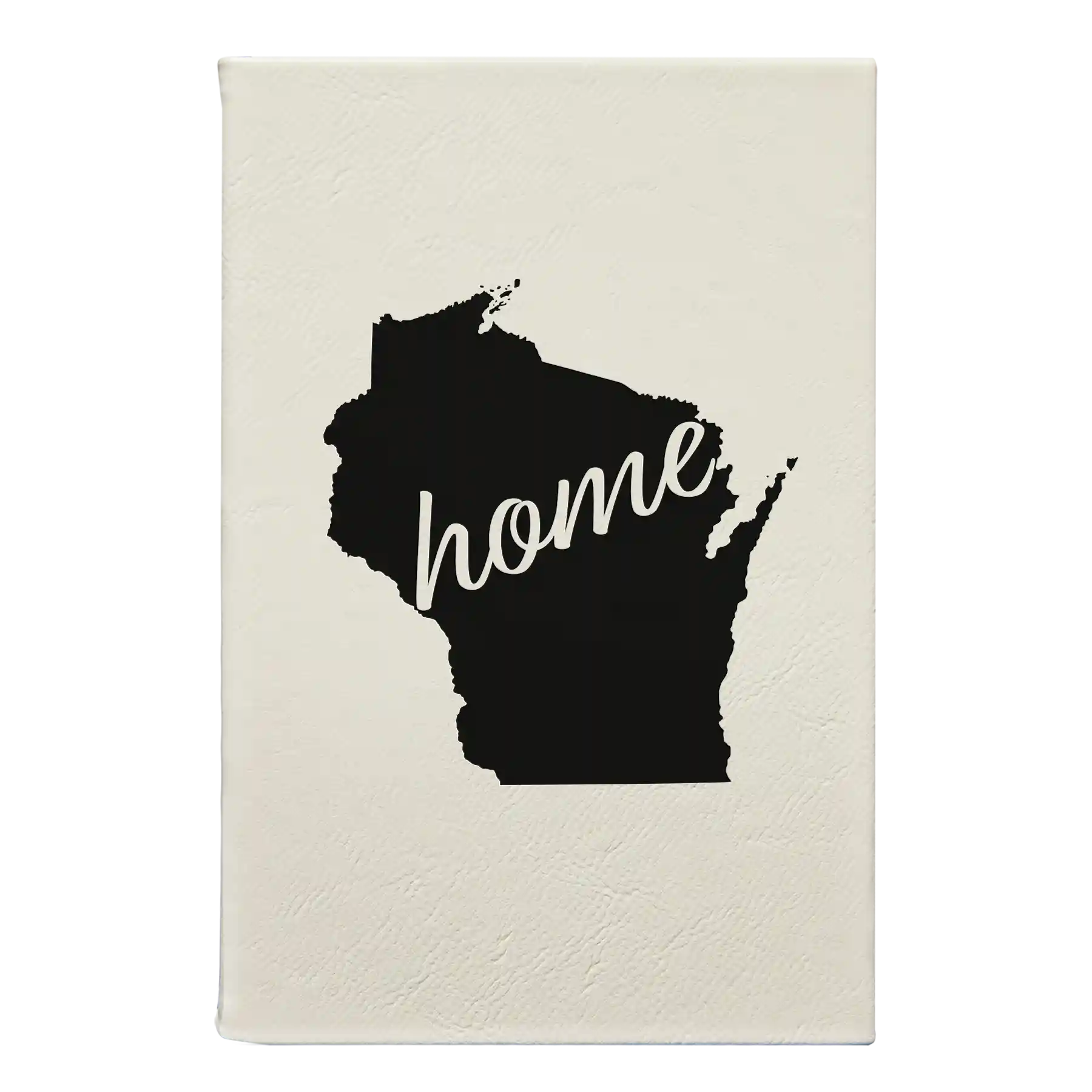 Small white leatherette sketch book laser etched with 'Wisconsin Home' design