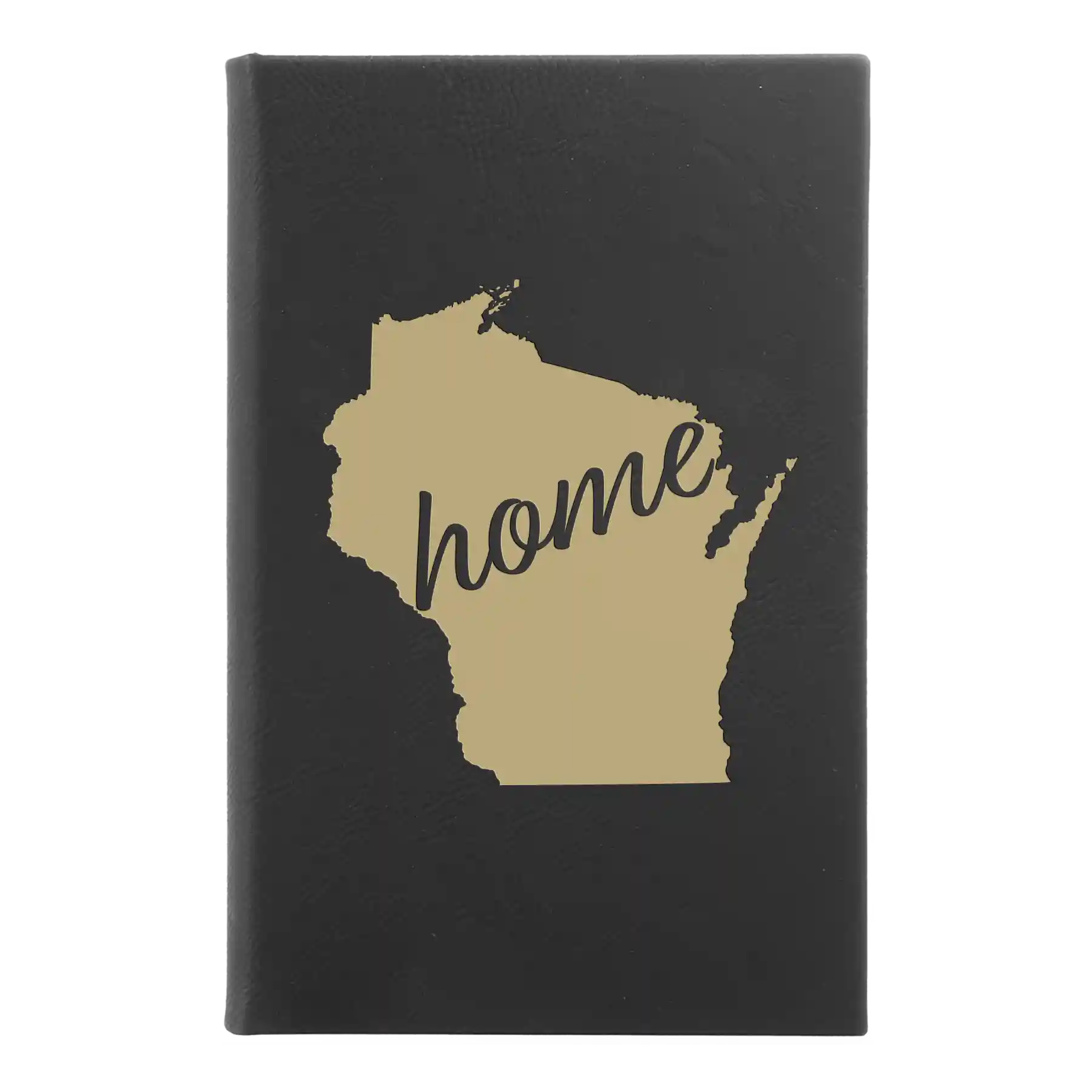 Small black/gold leatherette journal laser etched with 'Wisconsin Home' design