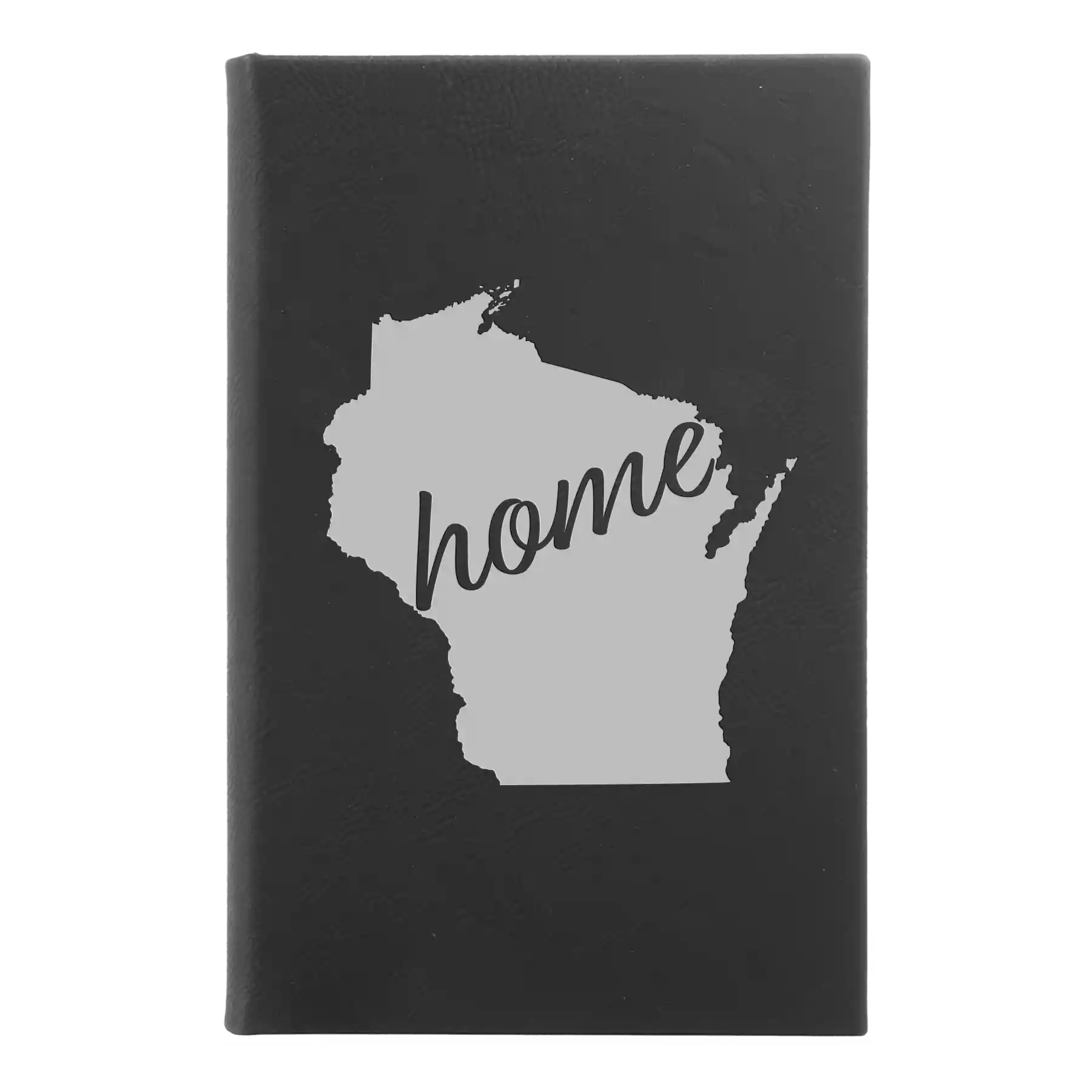Small black/silver leatherette journal laser etched with 'Wisconsin Home' design