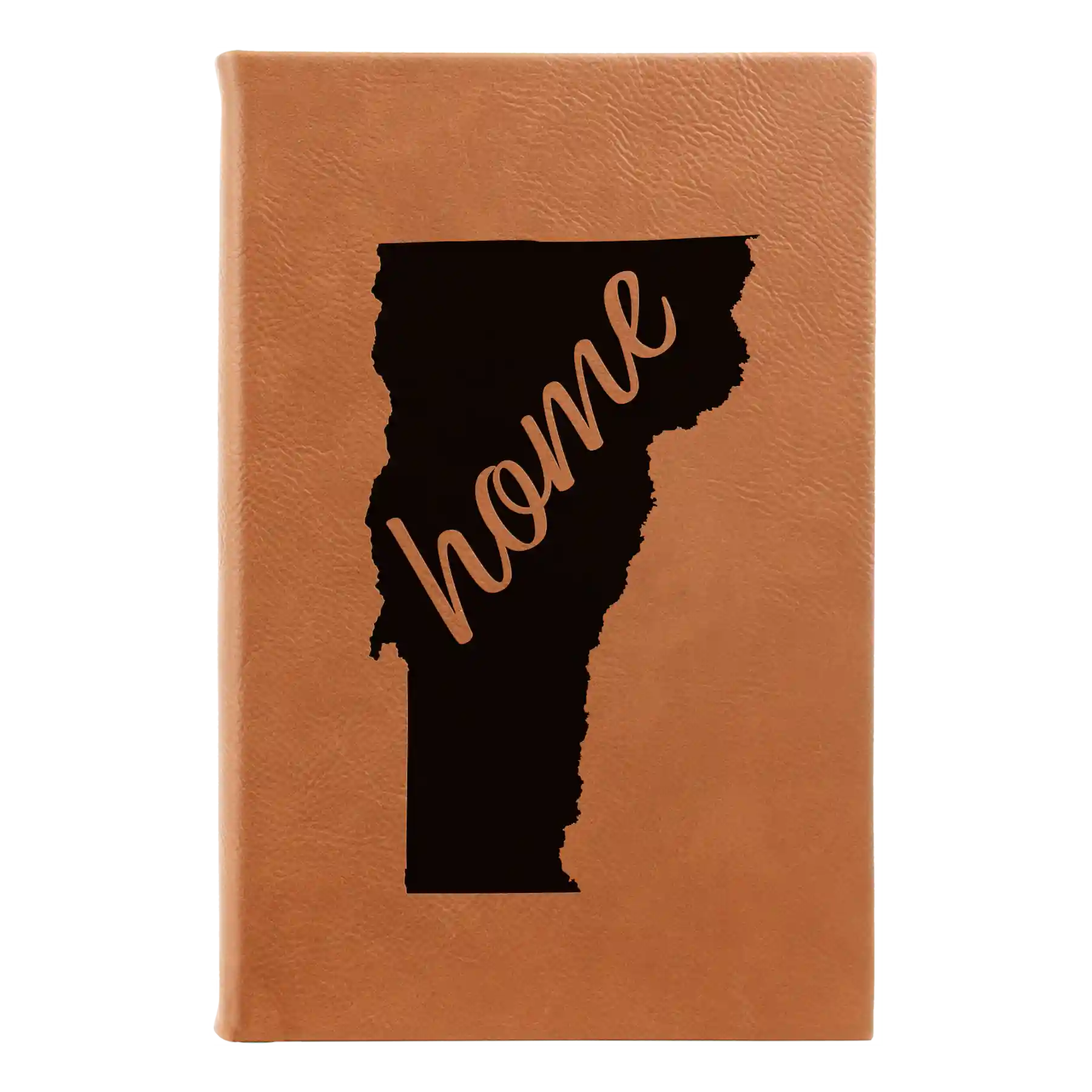 Small rawhide leatherette sketch book laser etched with 'Vermont Home' design