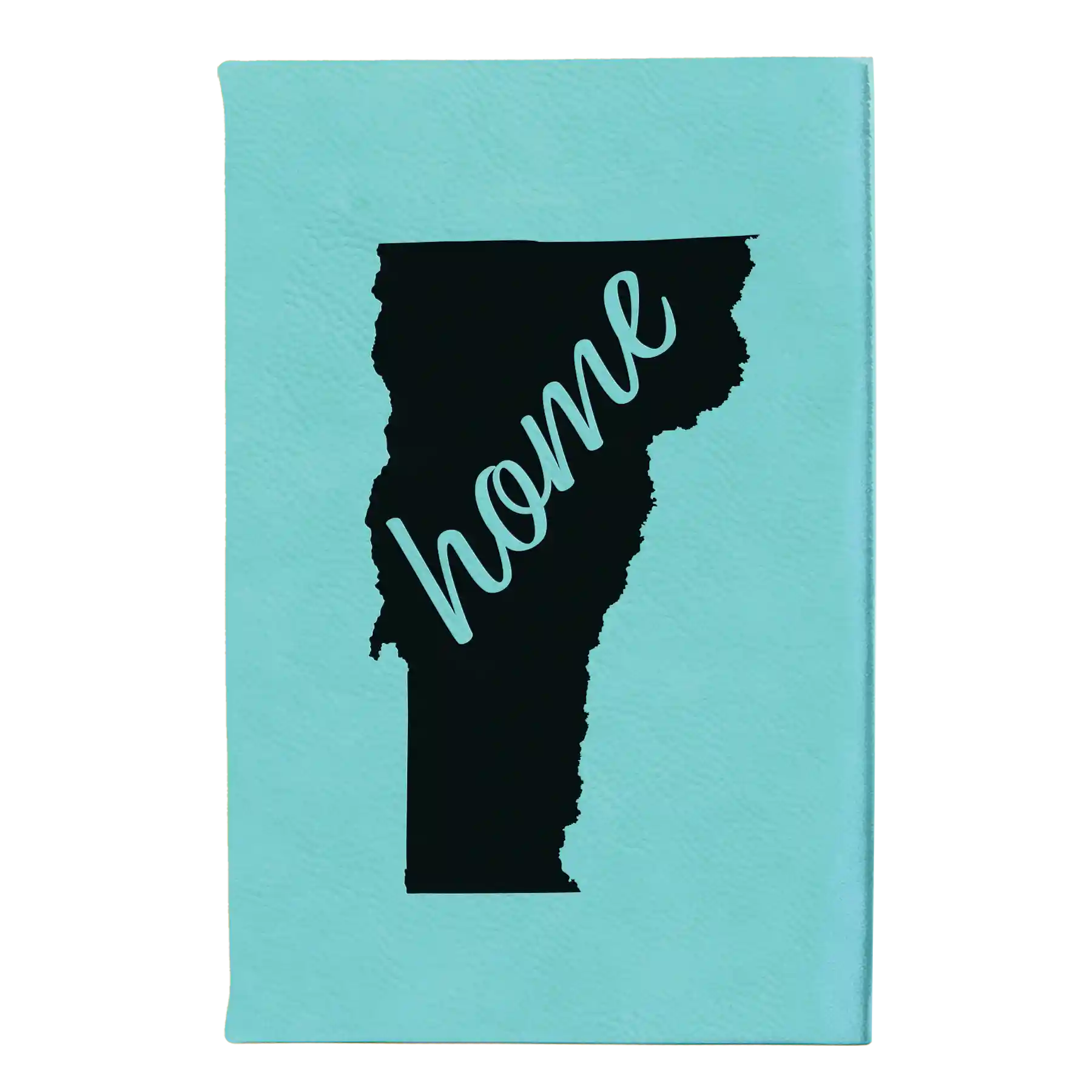 Small teal leatherette journal laser etched with 'Vermont Home' design