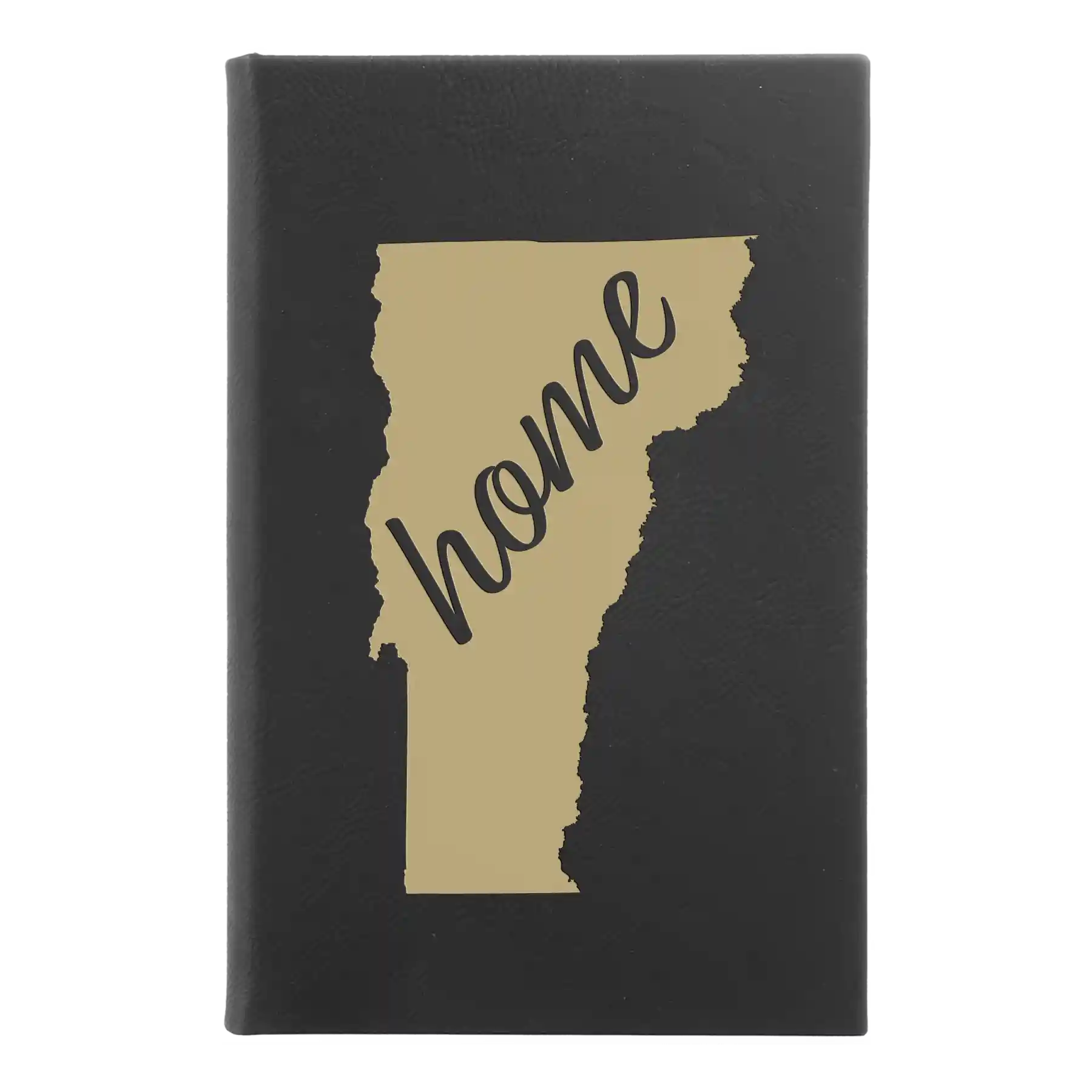 Small black/gold leatherette journal laser etched with 'Vermont Home' design