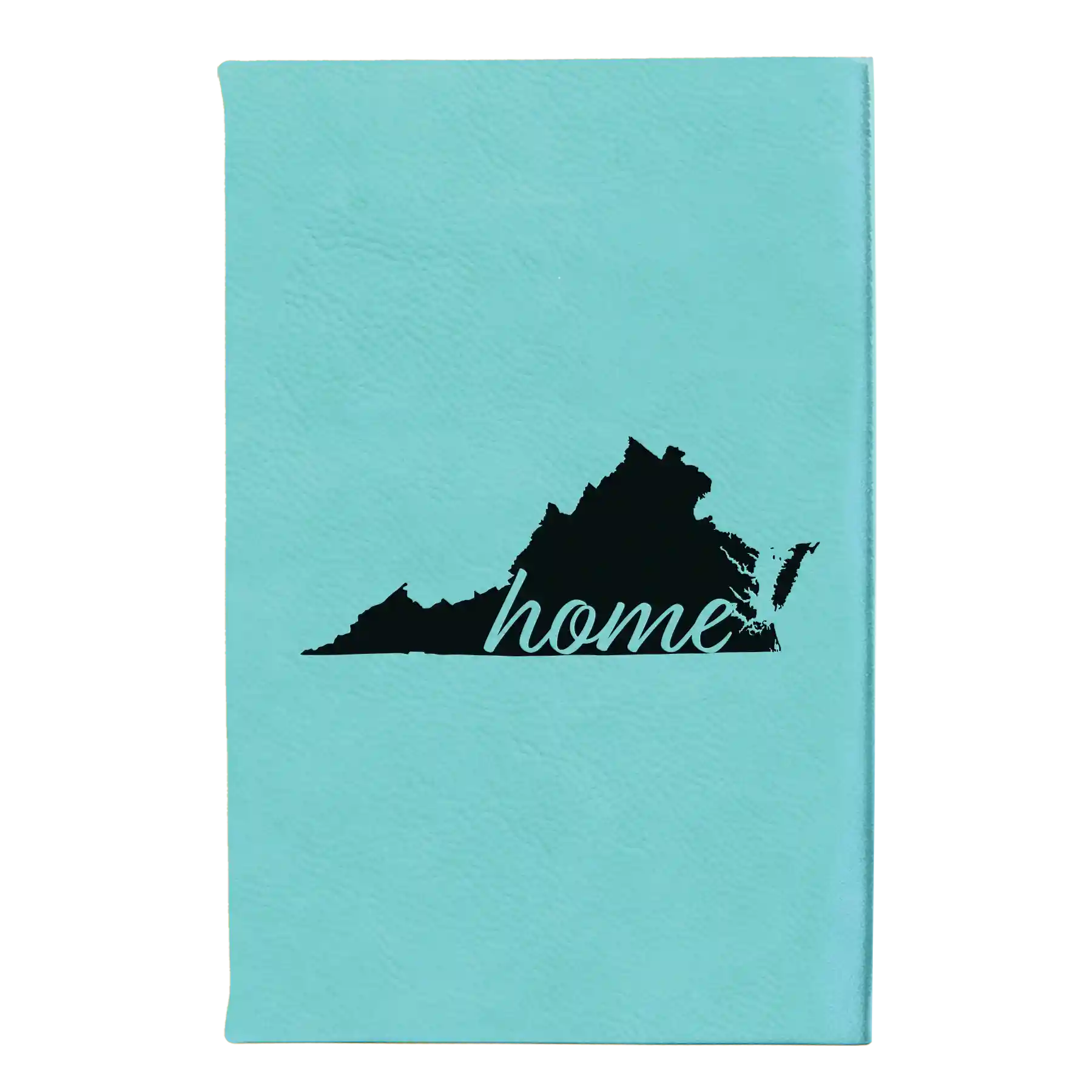 Small teal leatherette sketch book laser etched with 'Virginia Home' design