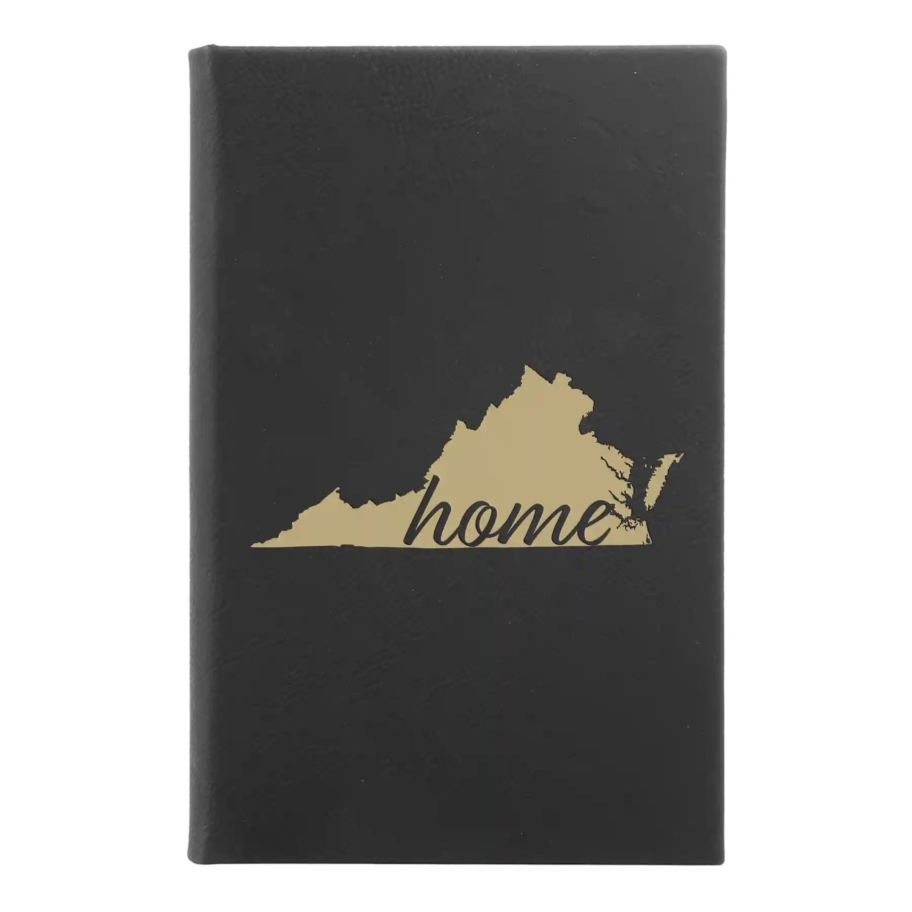 Small black/gold leatherette sketch book laser etched with 'Virginia Home' design