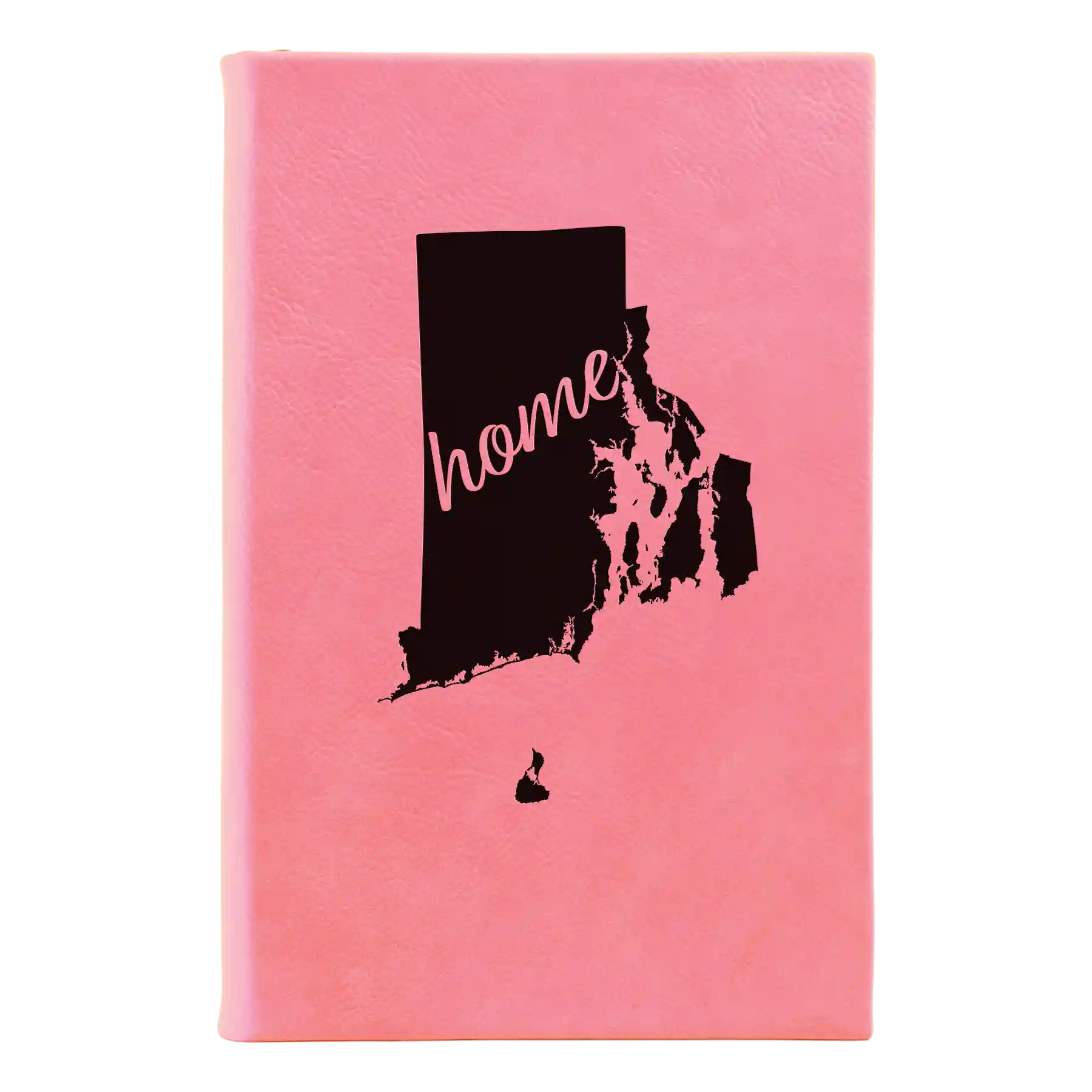 Small pink leatherette sketch book laser etched with 'Rhode Island Home' design