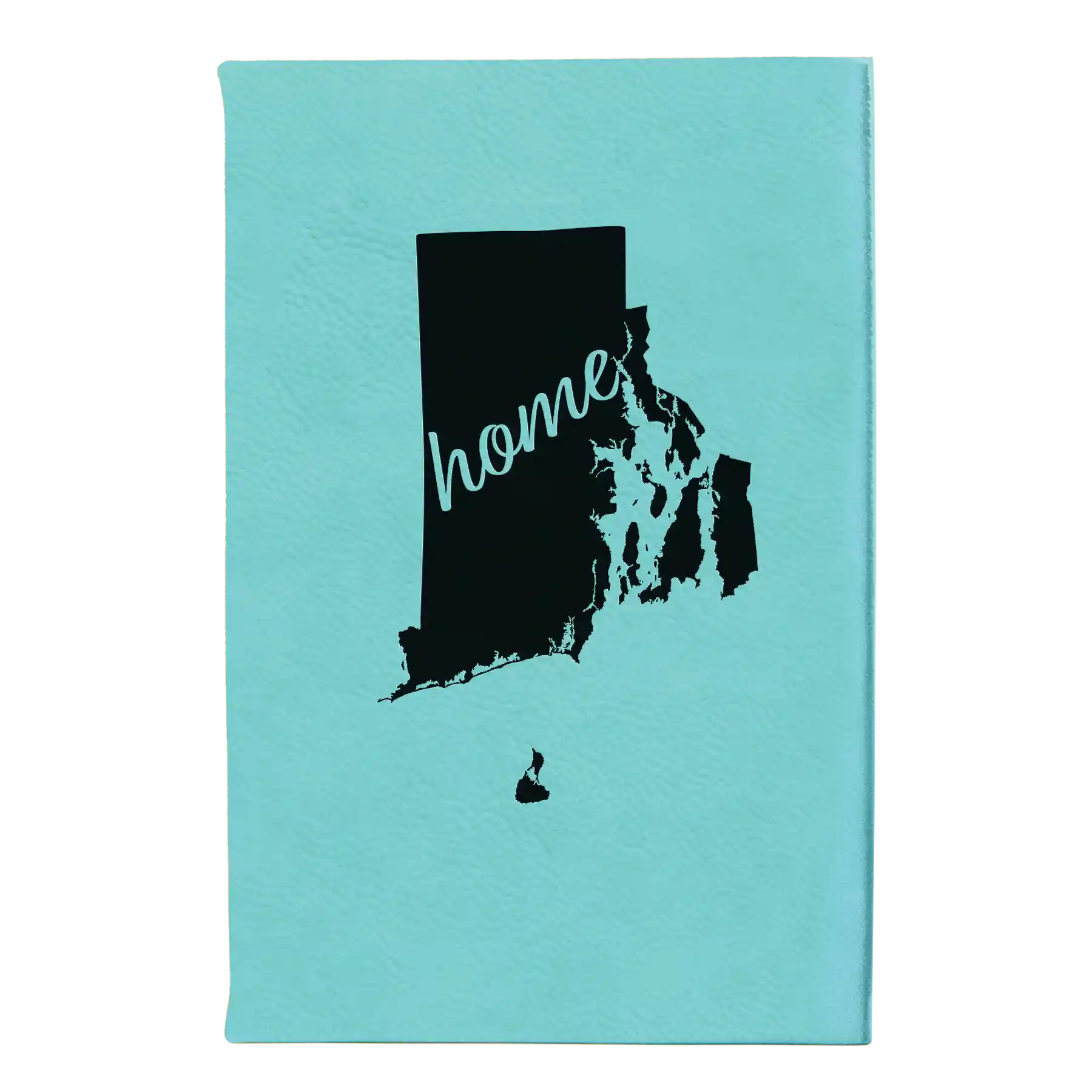 Small teal leatherette sketch book laser etched with 'Rhode Island Home' design