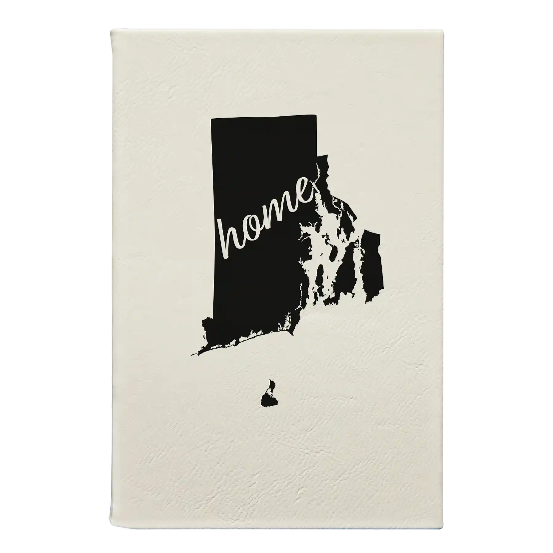 Small white leatherette sketch book laser etched with 'Rhode Island Home' design