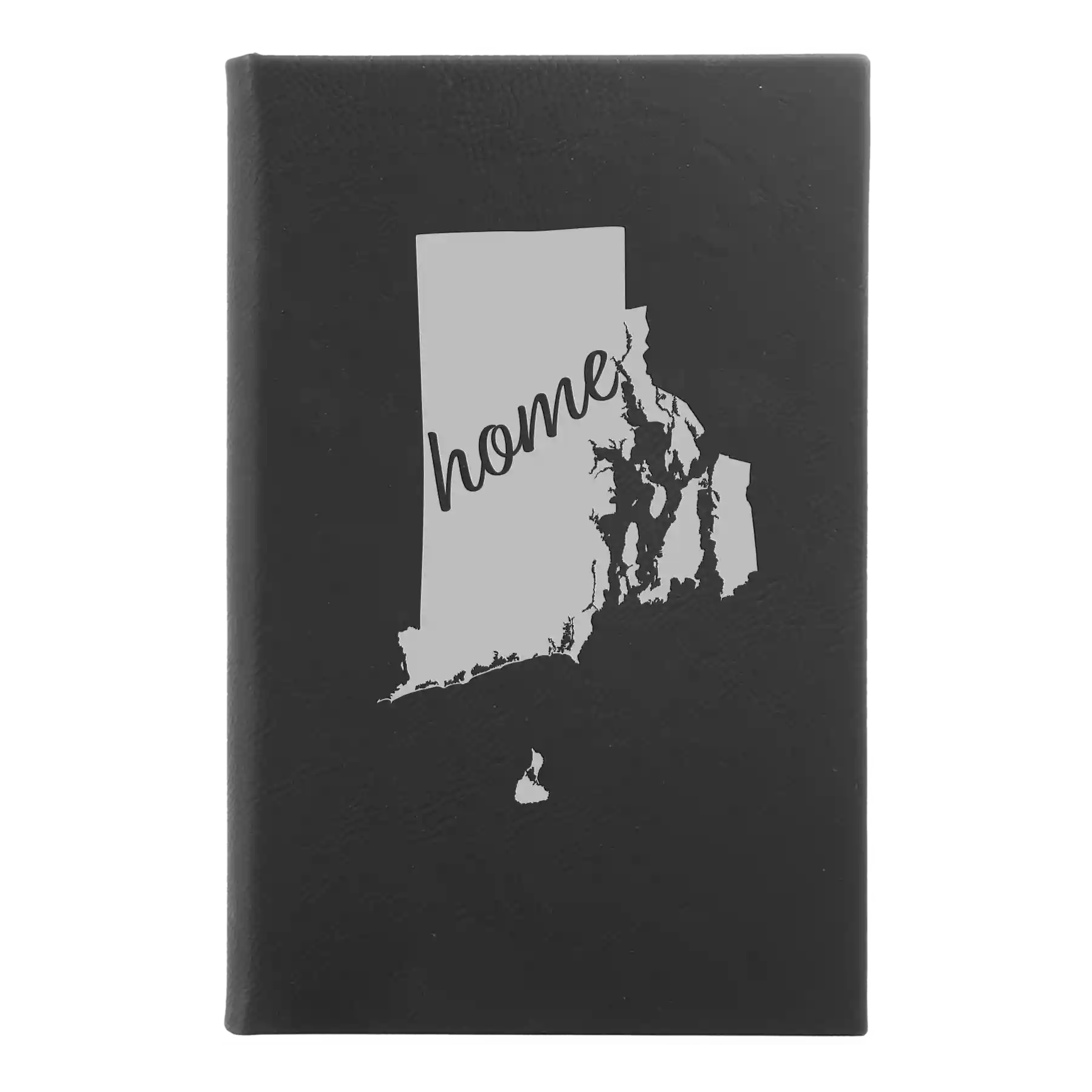Small black/silver leatherette sketch book laser etched with 'Rhode Island Home' design