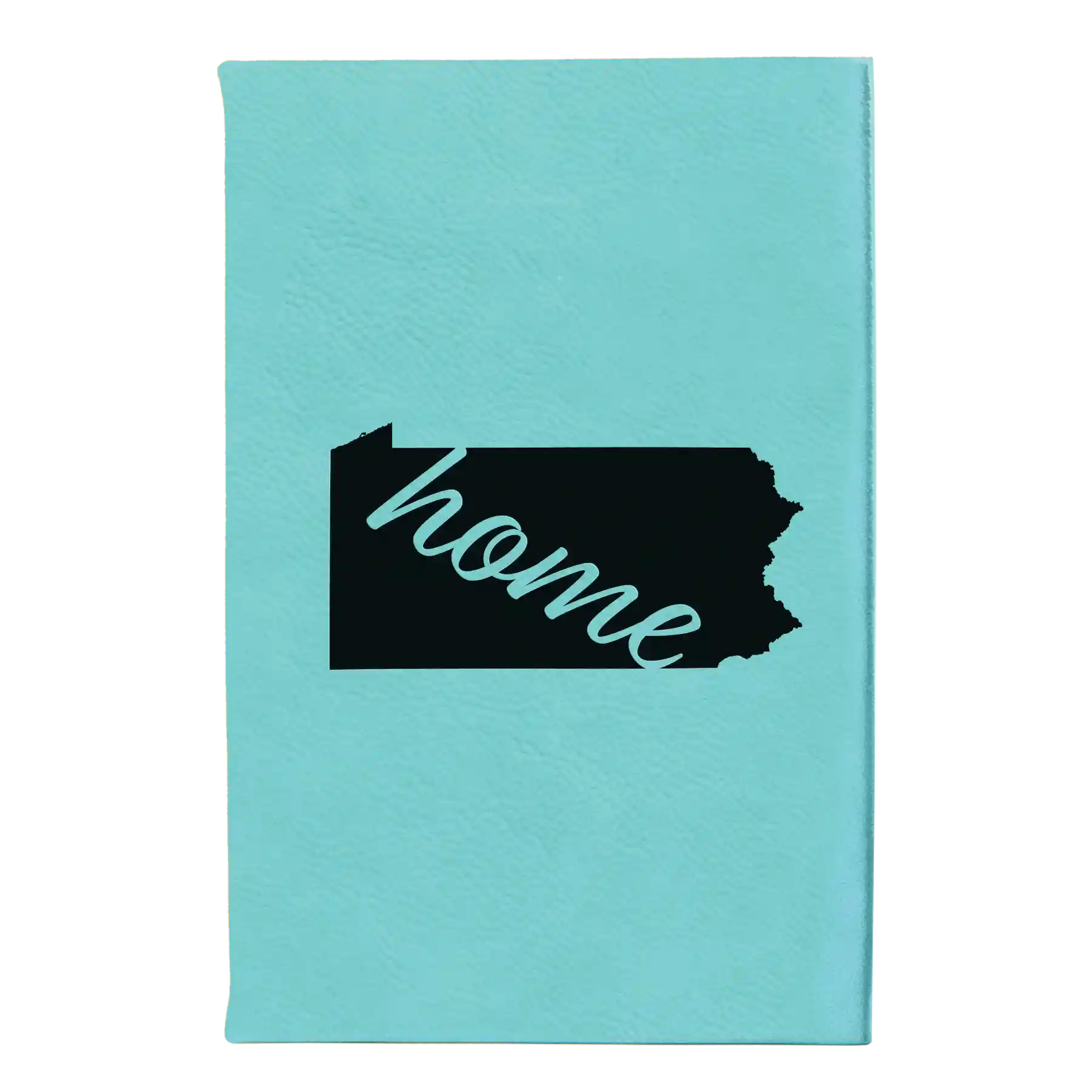 Small teal leatherette sketch book laser etched with 'Pennsylvania Home' design