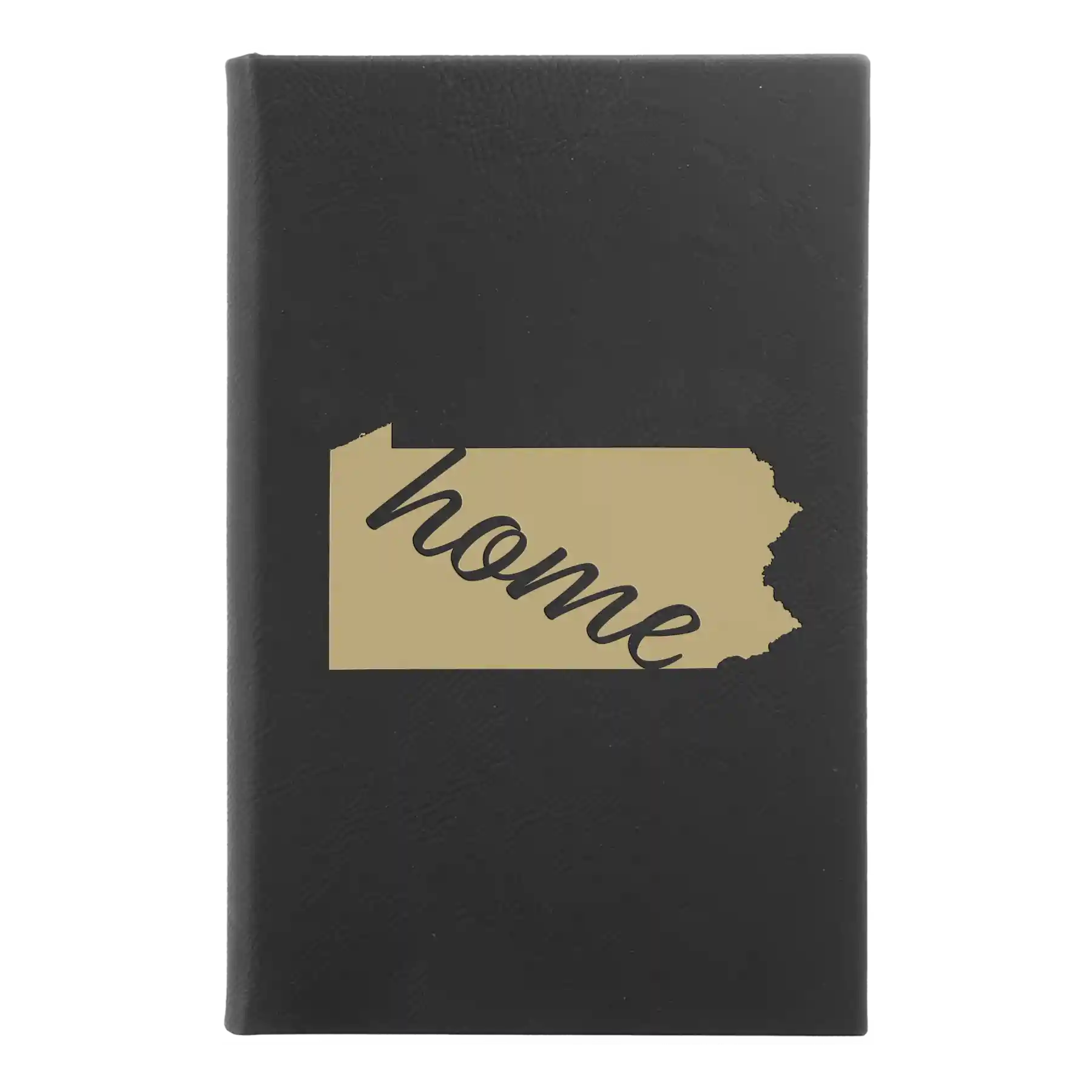 Small black/gold leatherette sketch book laser etched with 'Pennsylvania Home' design