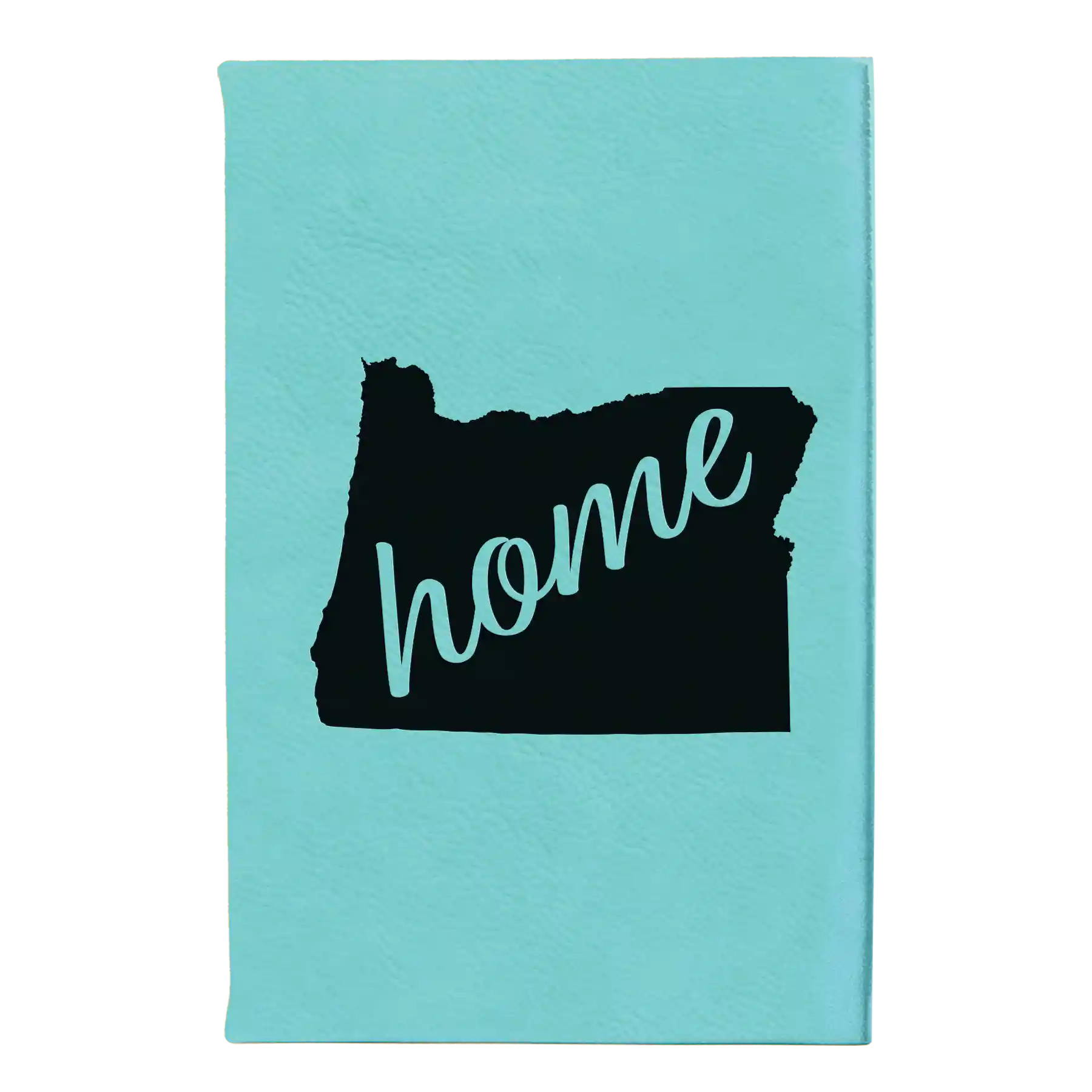 Small teal leatherette sketch book laser etched with 'Oregon Home' design